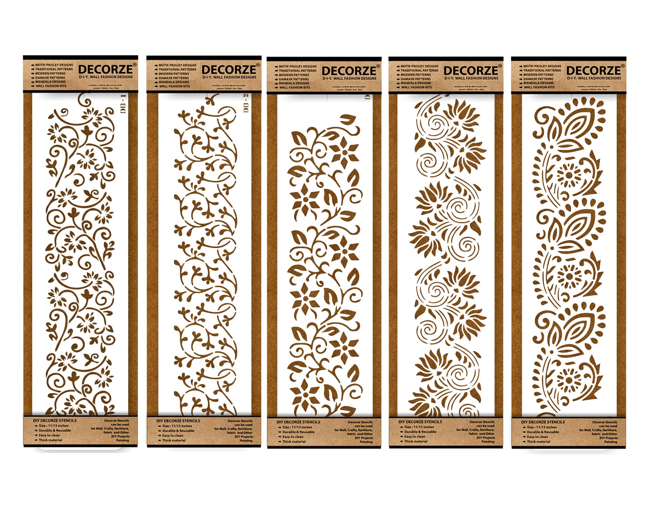 Decorze Plastic Stencils for Border Art, Stencils for Wall, Border Stencils for Wall Painting Suitable for Room Wall Decoration Purpose (Set of 5)(Color-White)|Design-1