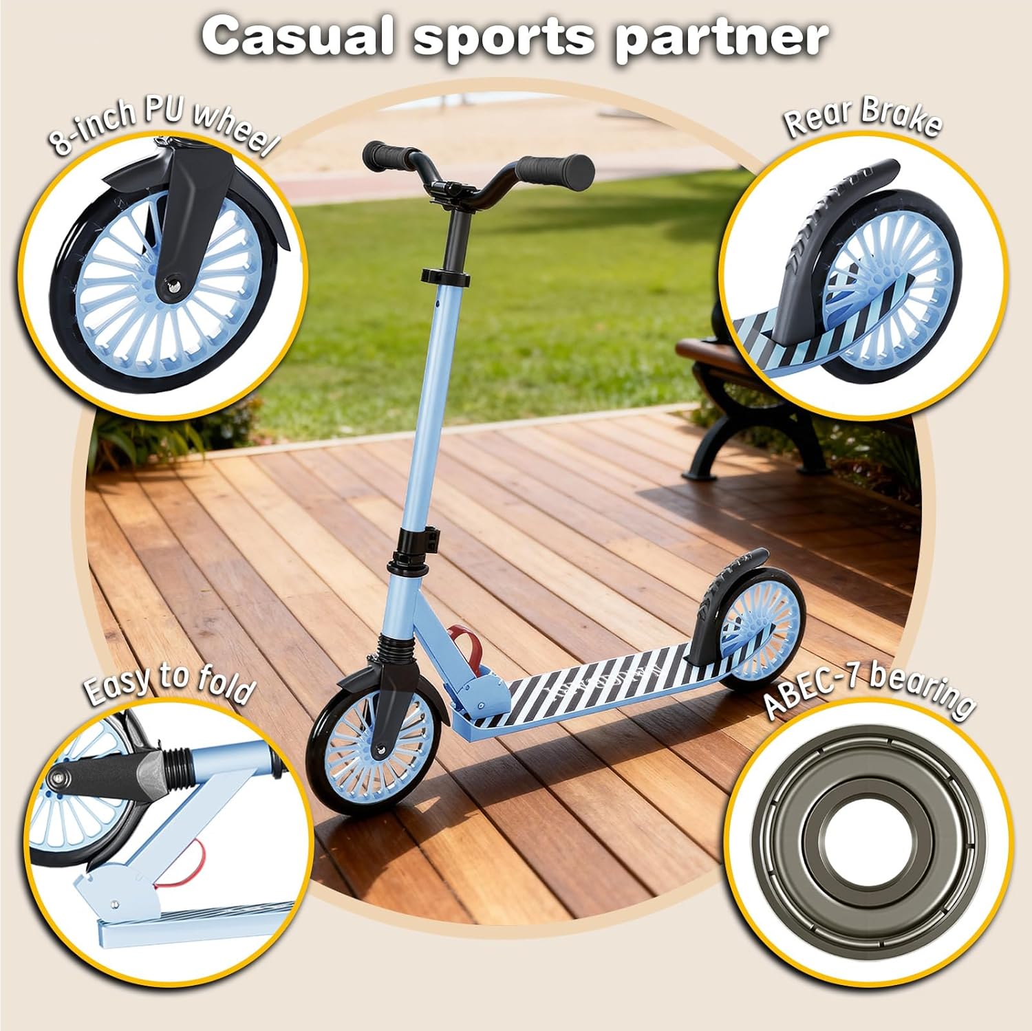 Scooter for Kids, Lightweight Foldable Kick Scooter, 4-Level Adjustable Handlebar, 8-Inch Large Wheels with Shock Absorption, for Ages 6 and Up - Image 3