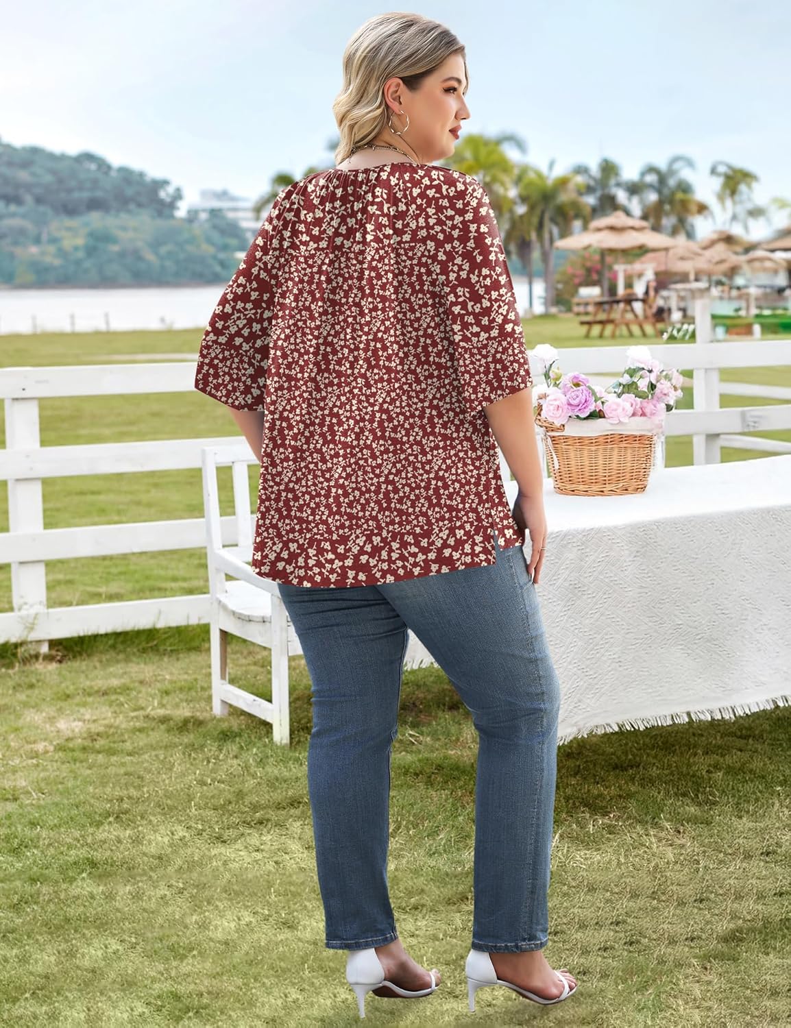 LOMON Womens Plus Size Tops Summer 3/4 Length Sleeve Crewneck Blouses Dressy Casual Loose Curvy Flowy Tunic Shirts 1X-5X - Image 4