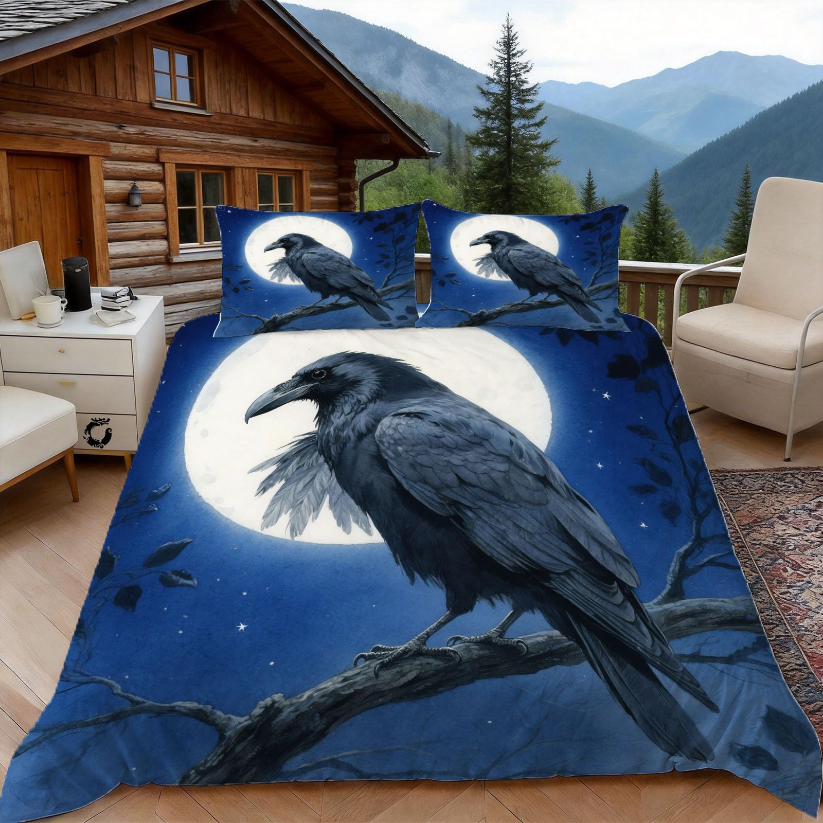 Parure de lit 200x200 corbeau avec taies style gothique fermeture éclair
