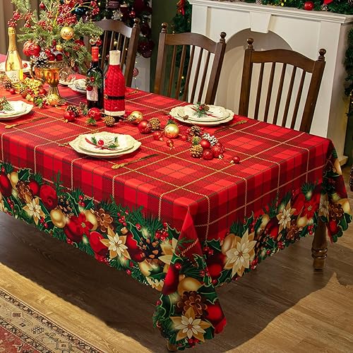 Mantel rectangular de Navidad de 60 x 120 pulgadas, resistente al agua, con estampado decorativo de Año Nuevo, mantel oblongo, de tela de fácil Mantel rectangular de Navidad de 60 x 120 pulgadas, resistente al agua, con estampado decorativo de Año Nuevo, mantel oblongo, de tela de fácil