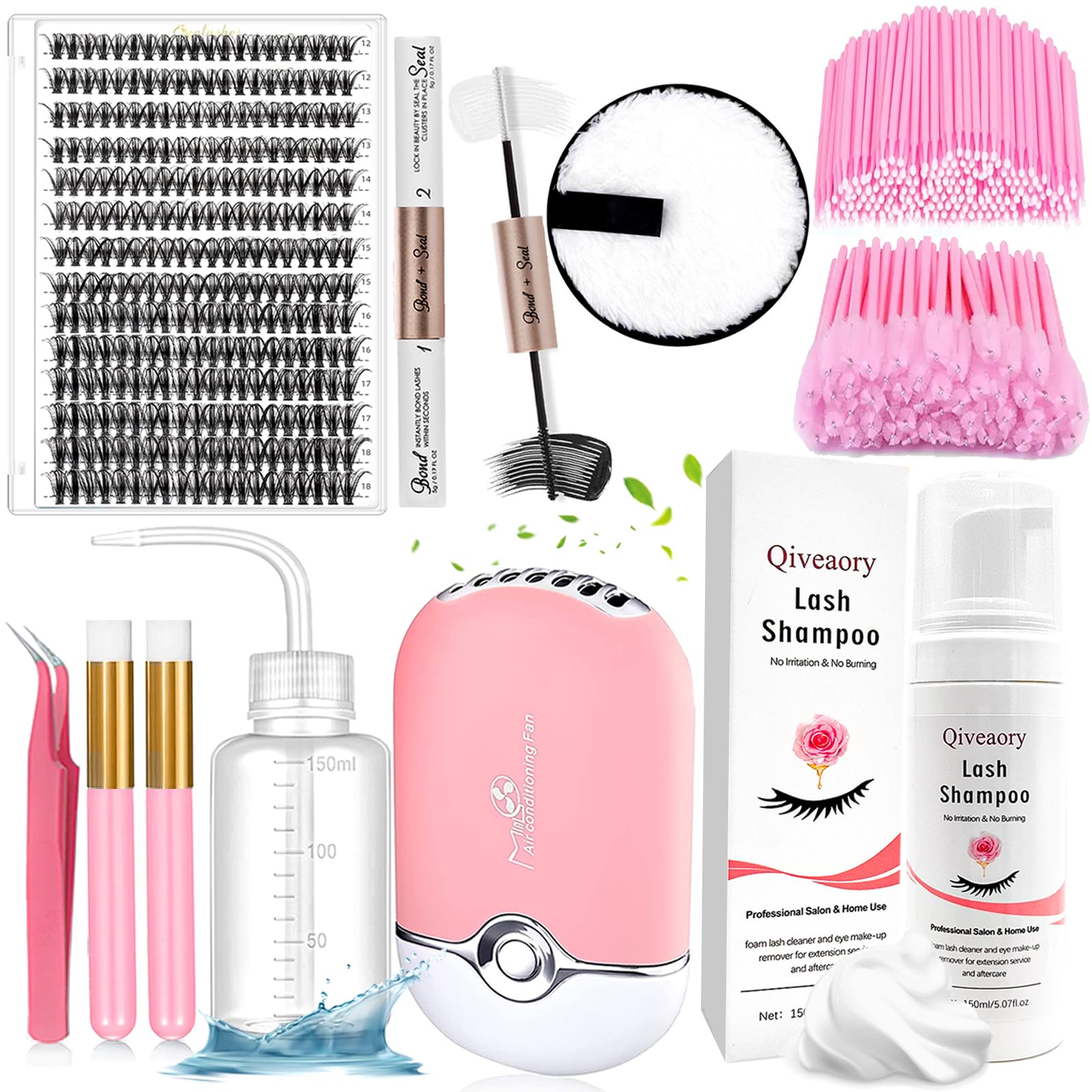 Conjunto de extensión de pestañas Rama de pestañas independiente DIY (280Pcs 40D Mix 12-18 mm) con Adhesivo de Pestañas y Ventilador de Pestañas Portátil USB Sellado 150ml/5.07fl.Cepillo de Champú