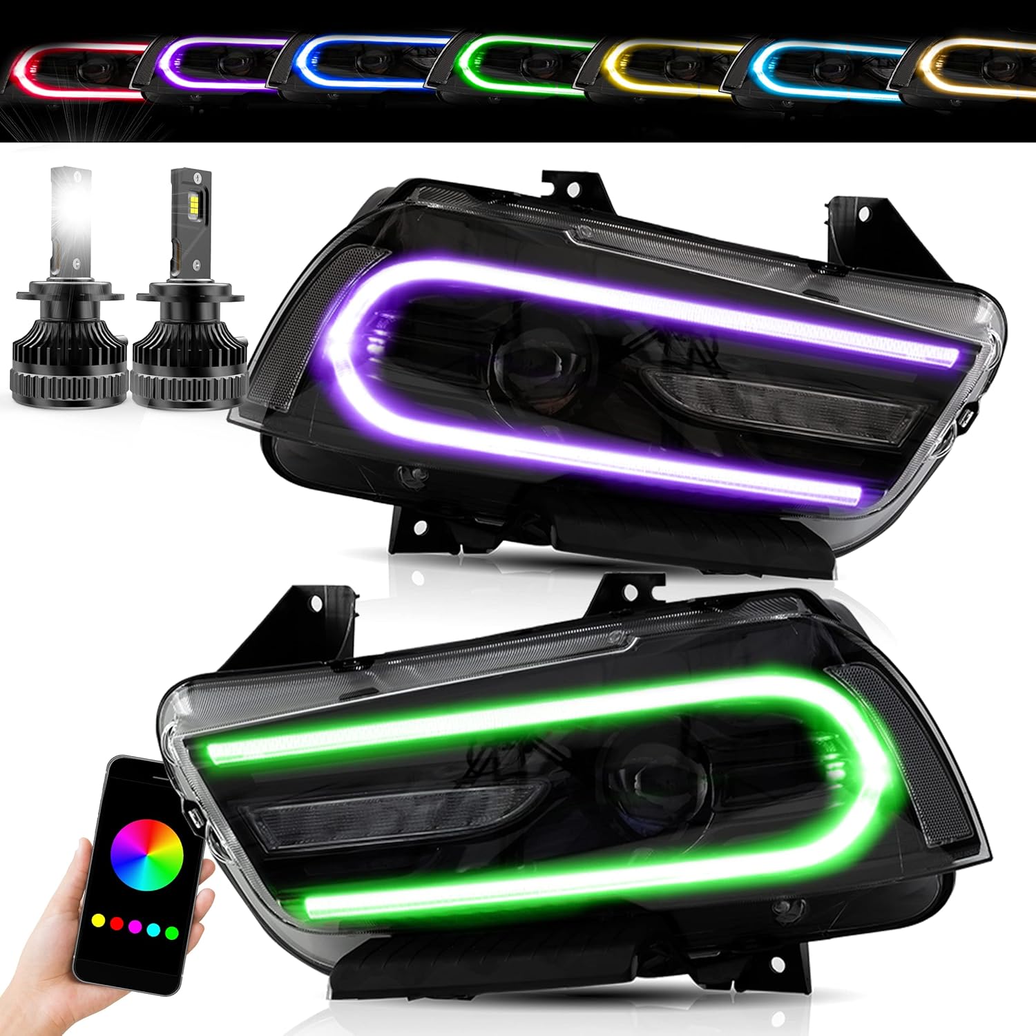 VLAND RGB Headlight Assembly w/LED D2S Bulbs Compatible