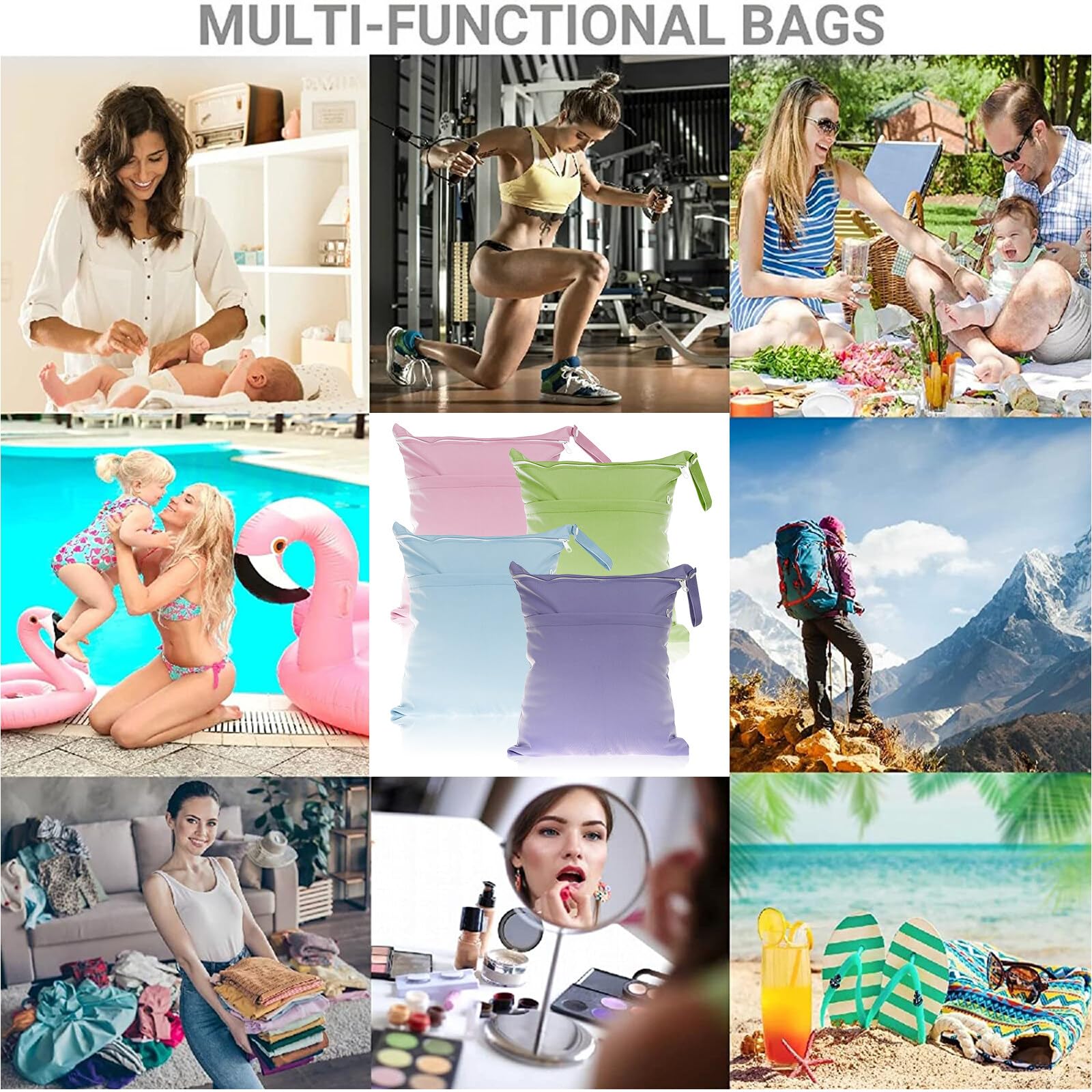 4 sacchetti impermeabili, riutilizzabili per pannolini asilo, grande borsa, chiusura lampo, per bambini viaggi, Sky Blue + Verde Erba, Viola + Rosa