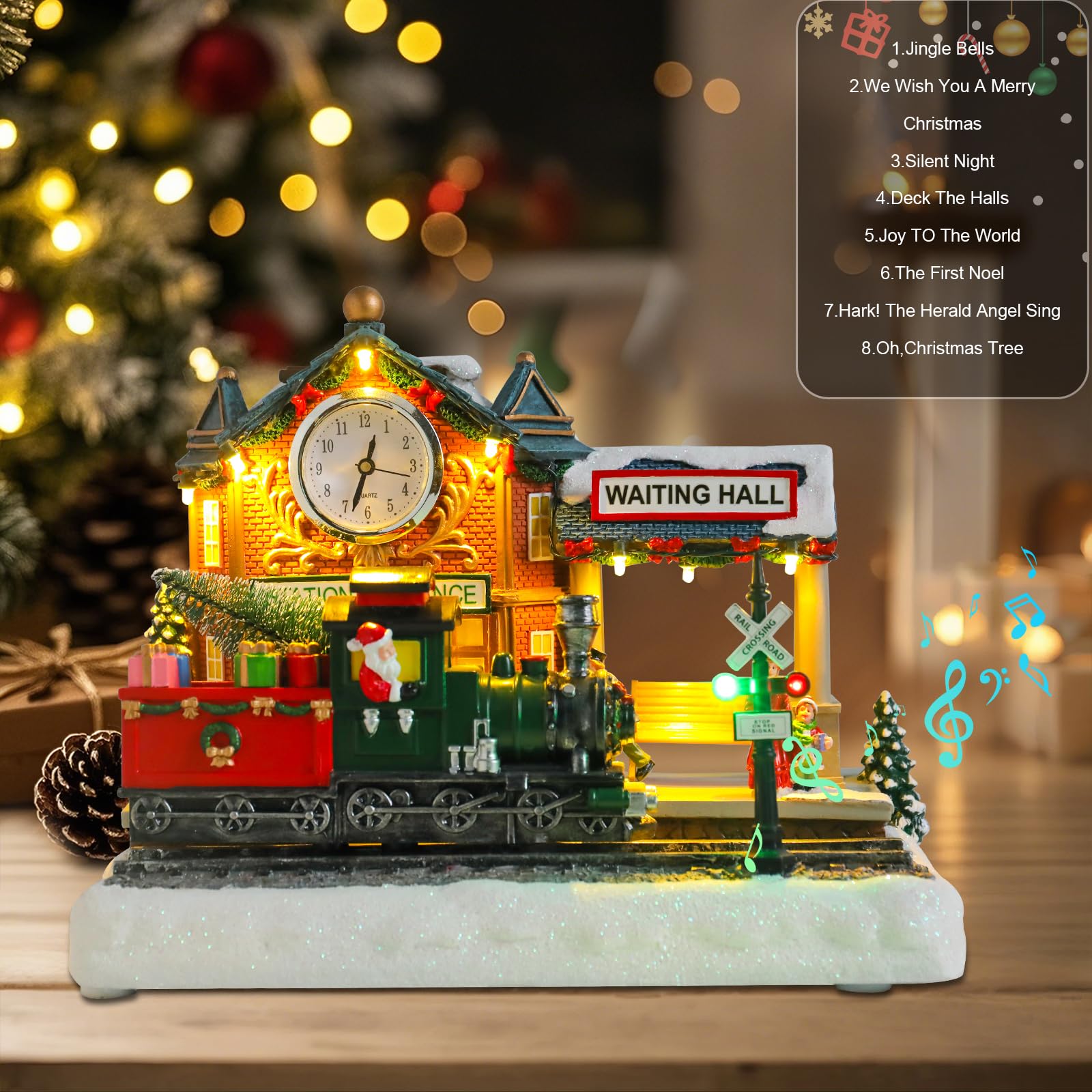 WONDER GARDEN Weihnachtshäuser, Weihnachtsdorfhaus, Dorf, beleuchtete Musik-Bahnhofs-Sammelgebäude mit beweglichem Zug, für Zuhause, Innendekoration oder Geschenk