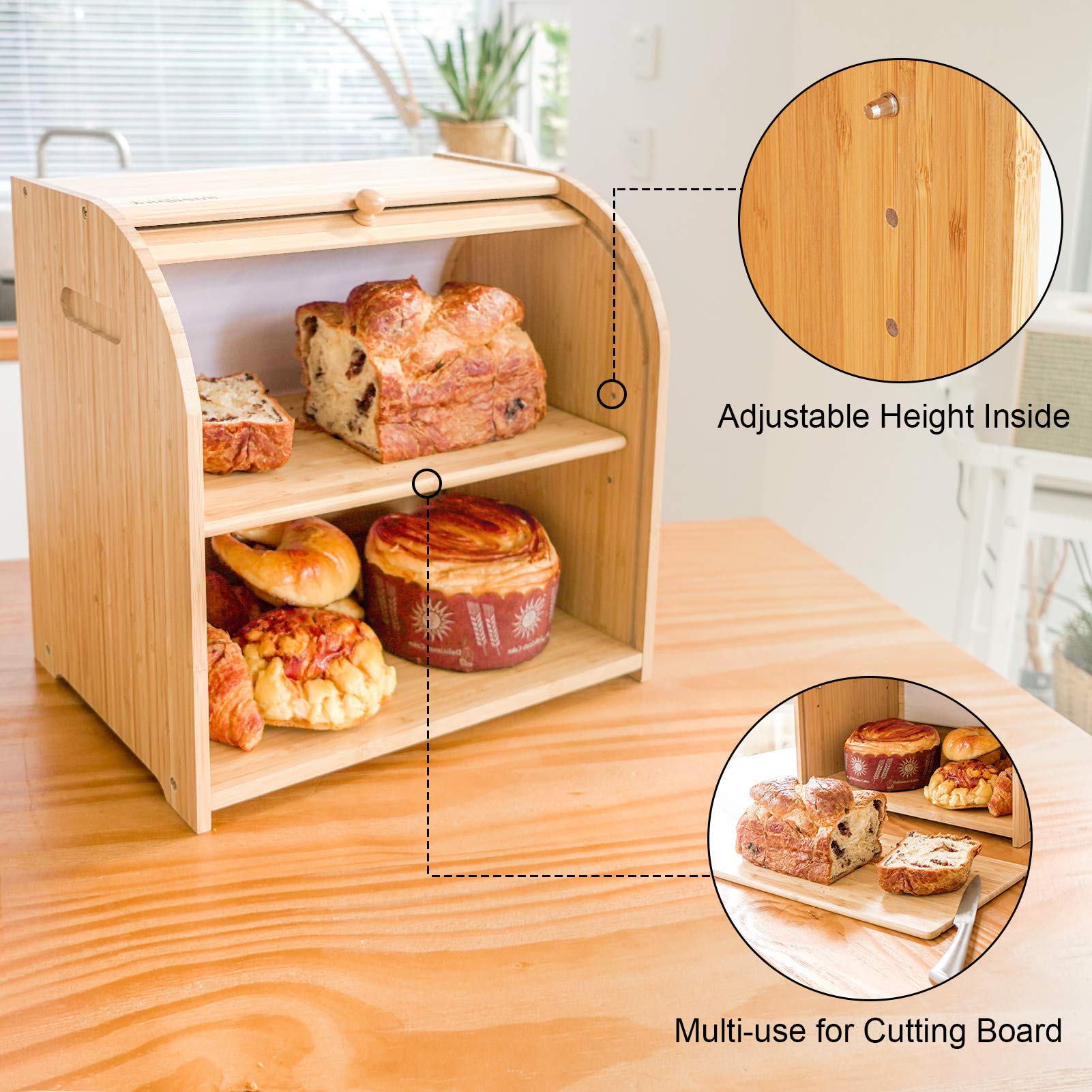 Goodpick Bamboo Bread Storage Box Large Wood Bread Boxes for Kitchen
