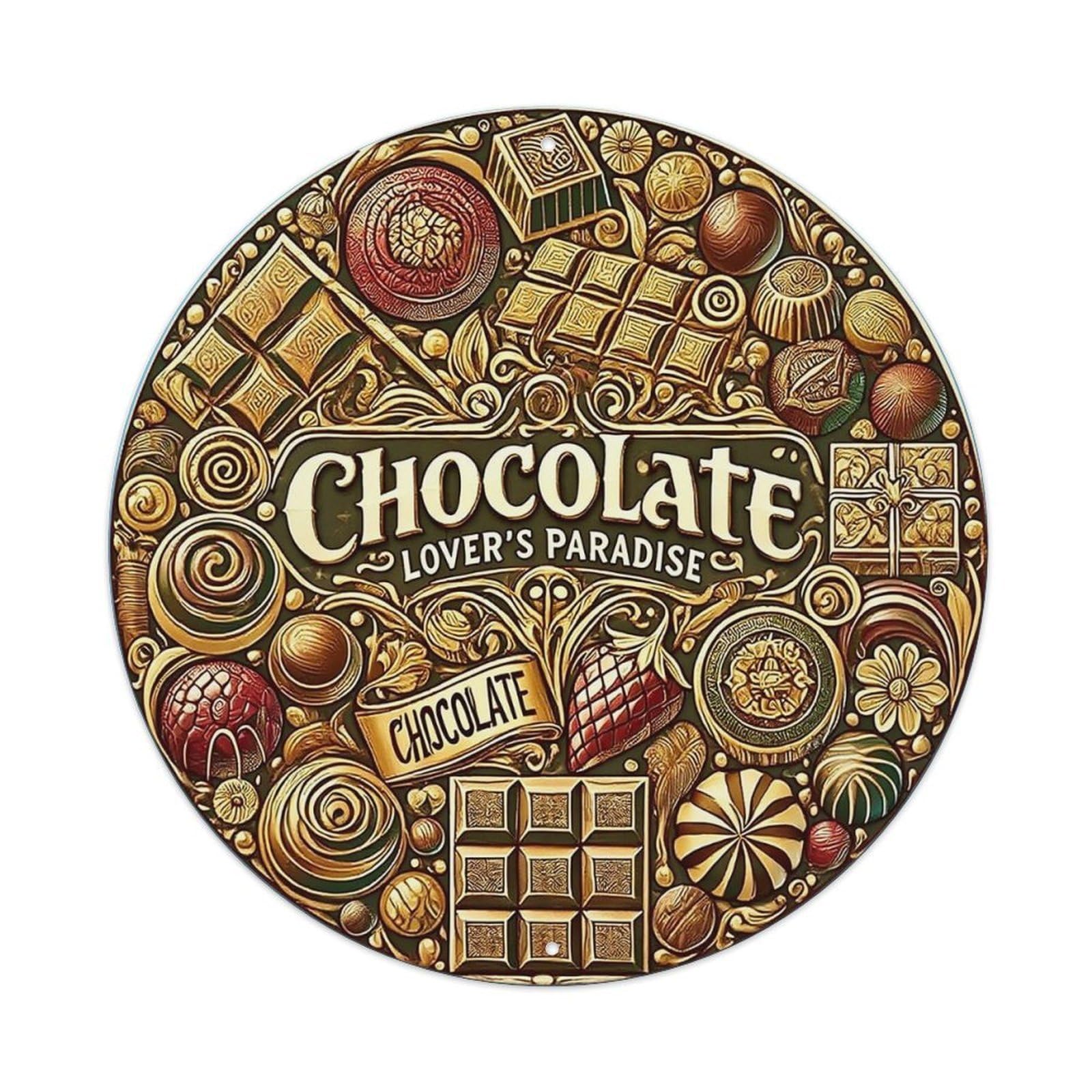Chocolate Lover's Paradise Pattern Vintage Round Tin Sign Retro Metal Wall Decor Metal Poster, Home Bar Garage Cafe Wall Art Decoration 8x8Inches