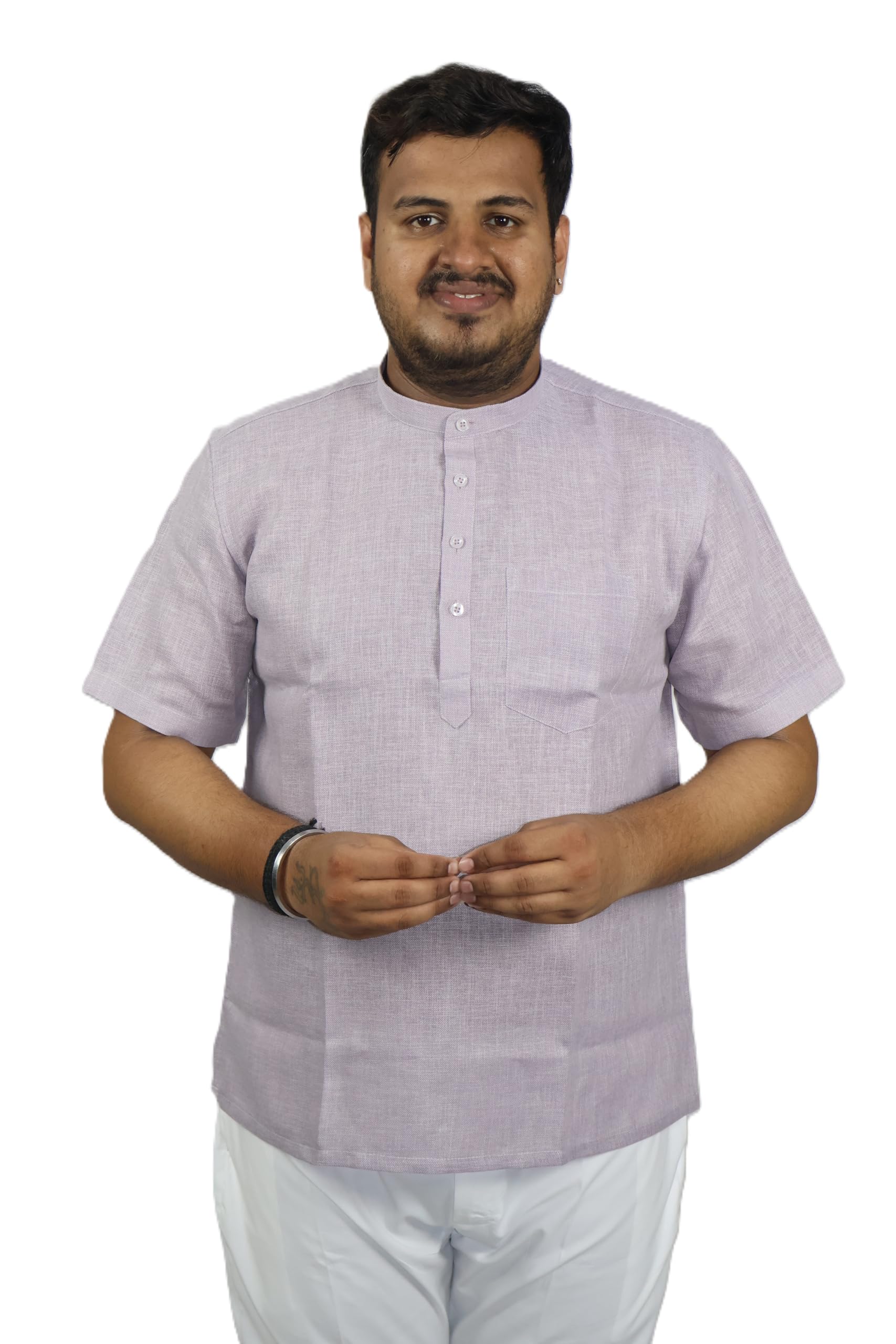 Men's Short Kurta, Lavender, Mandarin Collar, Short Sleeve, Casual Ethnic Wear, Sharplinen HS-picture-49