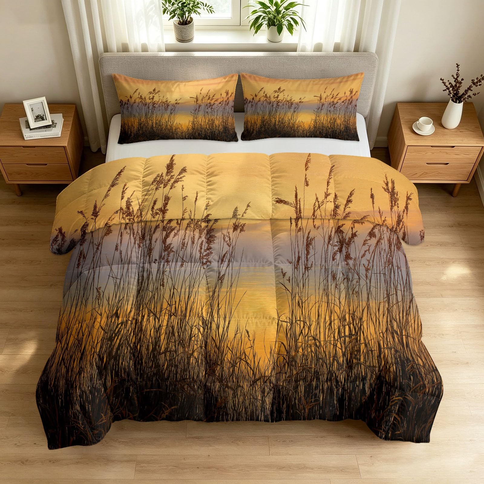 Kołdra pikowana 240 x 220 cm, wiejska krajobraz, dwustronna, cienka kołdra do spania, nadaje się do prania, bez poszewki, pas trzcinowy, zachód słońca, lekka kołdra letnia na łóżko, sofę, brązowa