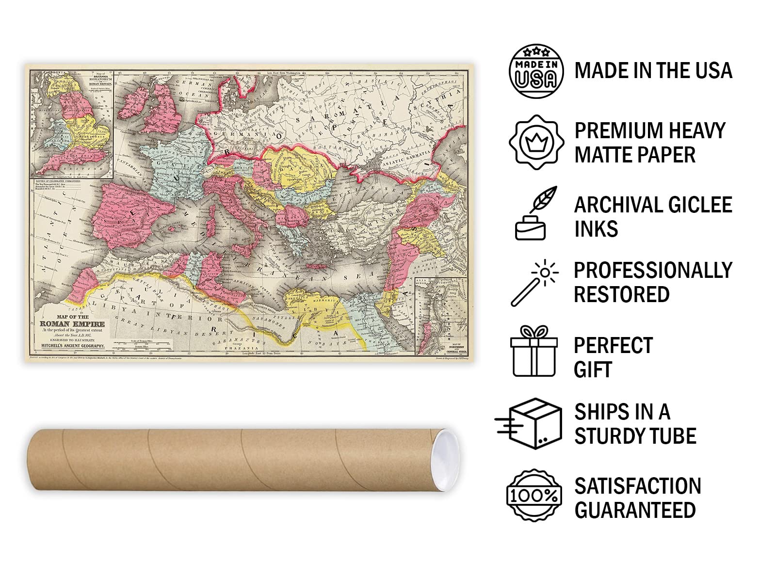 Mapa histórico - Mapa del imperio romano en el período de su mayor extensión del año A.D. 107, 1875 Atlas clásico - Arte de pared vintage - 36 x 24 pulgadas