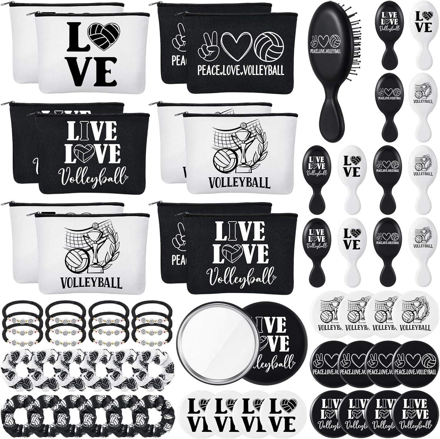 Baderke 60 Pcs Volleyball Team Gifts for Women Volleyball Party Favors Include Cosmetic Bags Makeup Mirror Hair Scrunchies Detangler Brush Bracelets for Women Players Sports Team Accessories