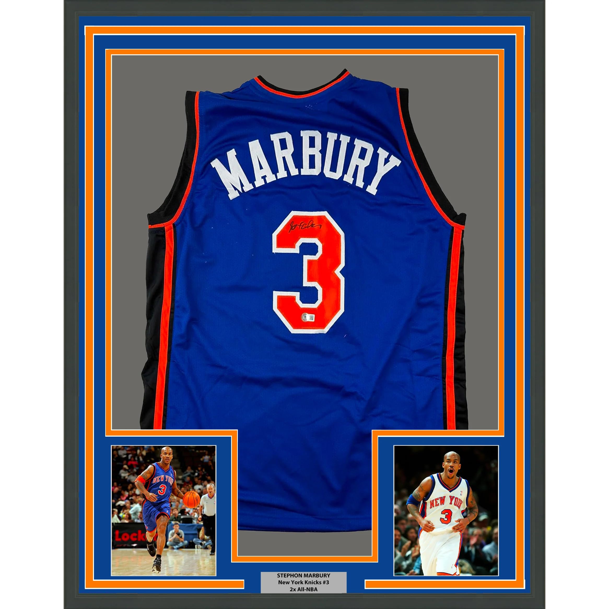 Framed Autographed/Signed Stephon Marbury 35x39 New York Blue