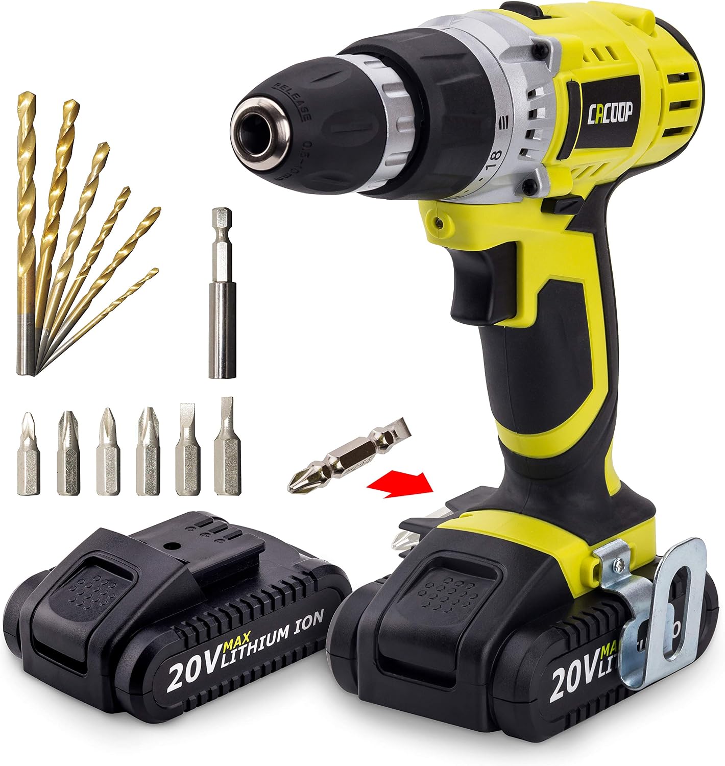 CACOOP 20V Max Cordless Drill Driver Set with two pcs 1.5Ah Lithium-Ion battery Packs and Bits, 3/8 inch Keyless Chuck, Compact and Lightweight drill Model: CCD20001LB2