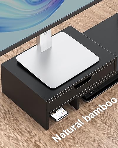 Miniatura 2 de Epesoware Soporte de monitor con 2 cajones para escritorio, soporte de bambú para monitor doble con almacenamiento, organizador de estante de