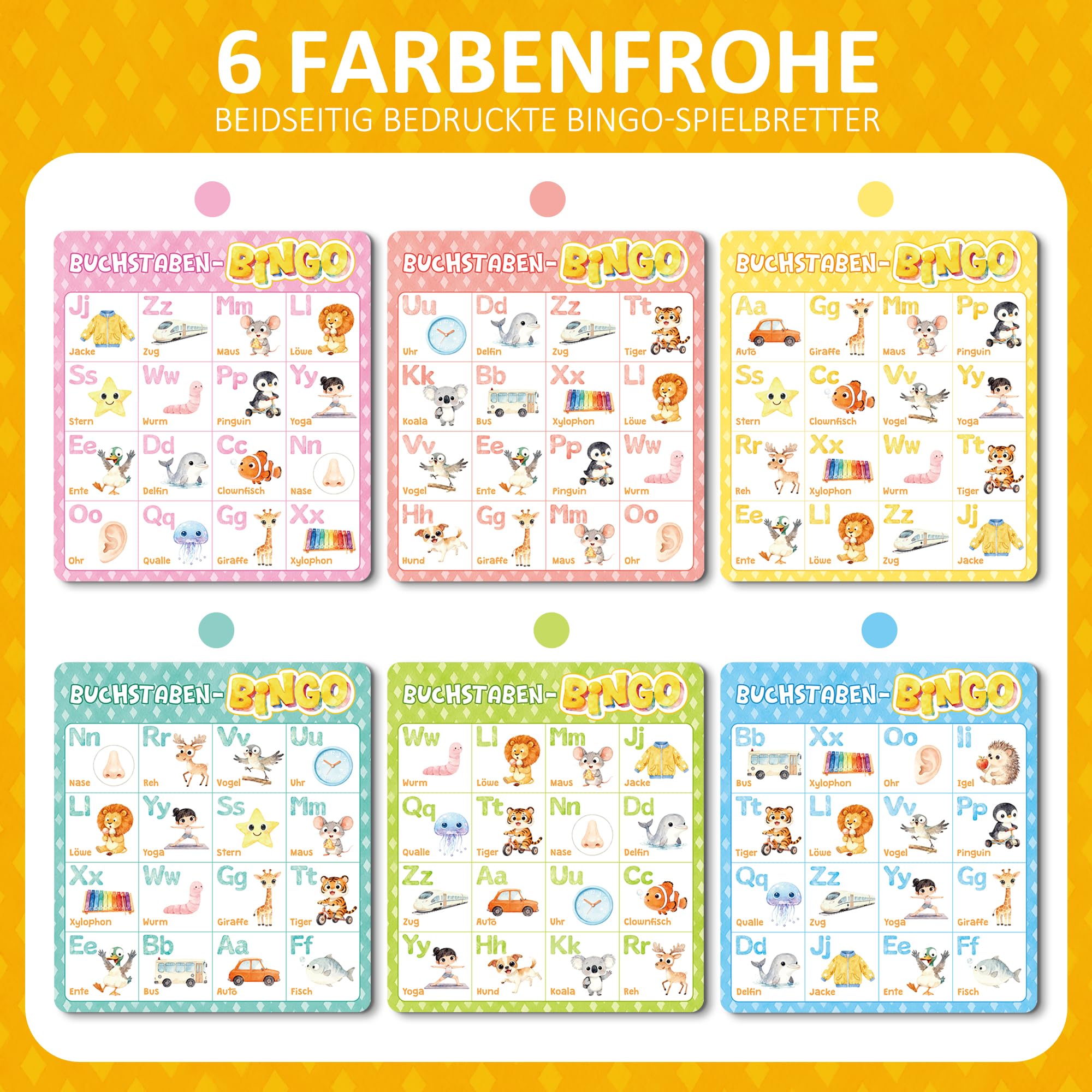BIROYAL ABC Bingo Spiel Kinder ab 4 5 6 Jahre - Buchstaben Lernspiel für Schulanfänger - Lernspiel 1. Klasse - Gesellschaftsspiel Kinder - Einschulung Geschenk - Lernspielzeug