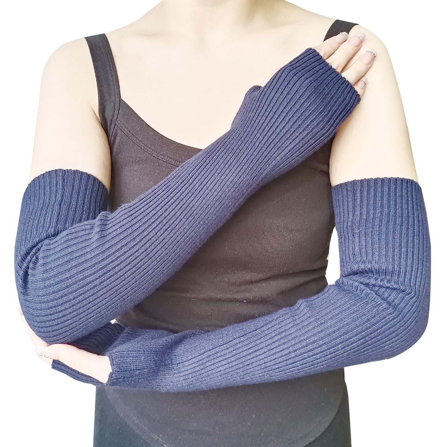 Share Maison Women's 17-Navy Blue Arm Warmers With Thumb Hole Winter Fingerless Stretchy Cashmere Wool Long Gloves Sleeves - Blue - Medium