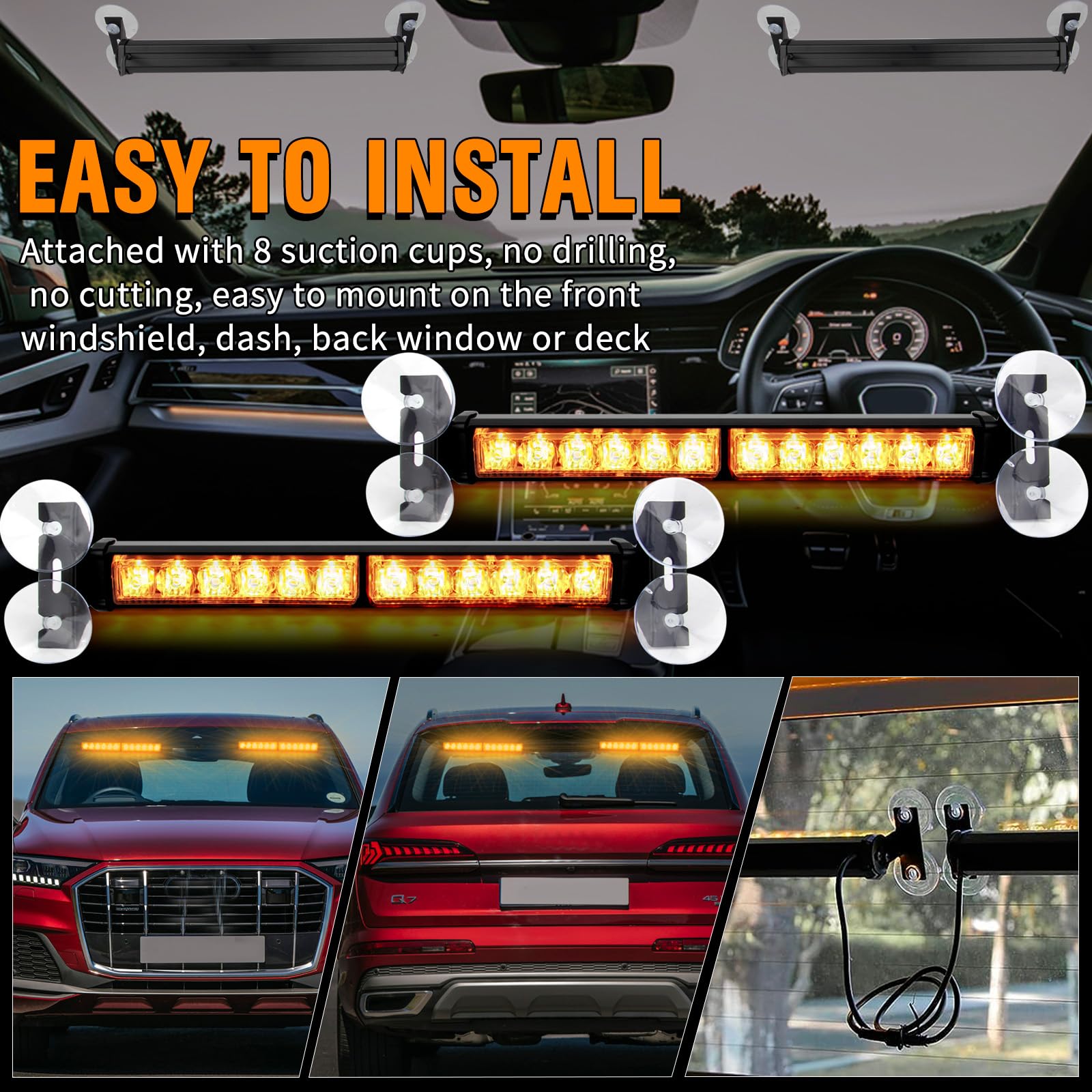 Luces estroboscópicas de parabrisas ámbar para camiones, luces de advertencia estroboscópicas para salpicadero de parabrisas de automóvil 2 en 1, 24 LED, luz estroboscópica de emergencia de