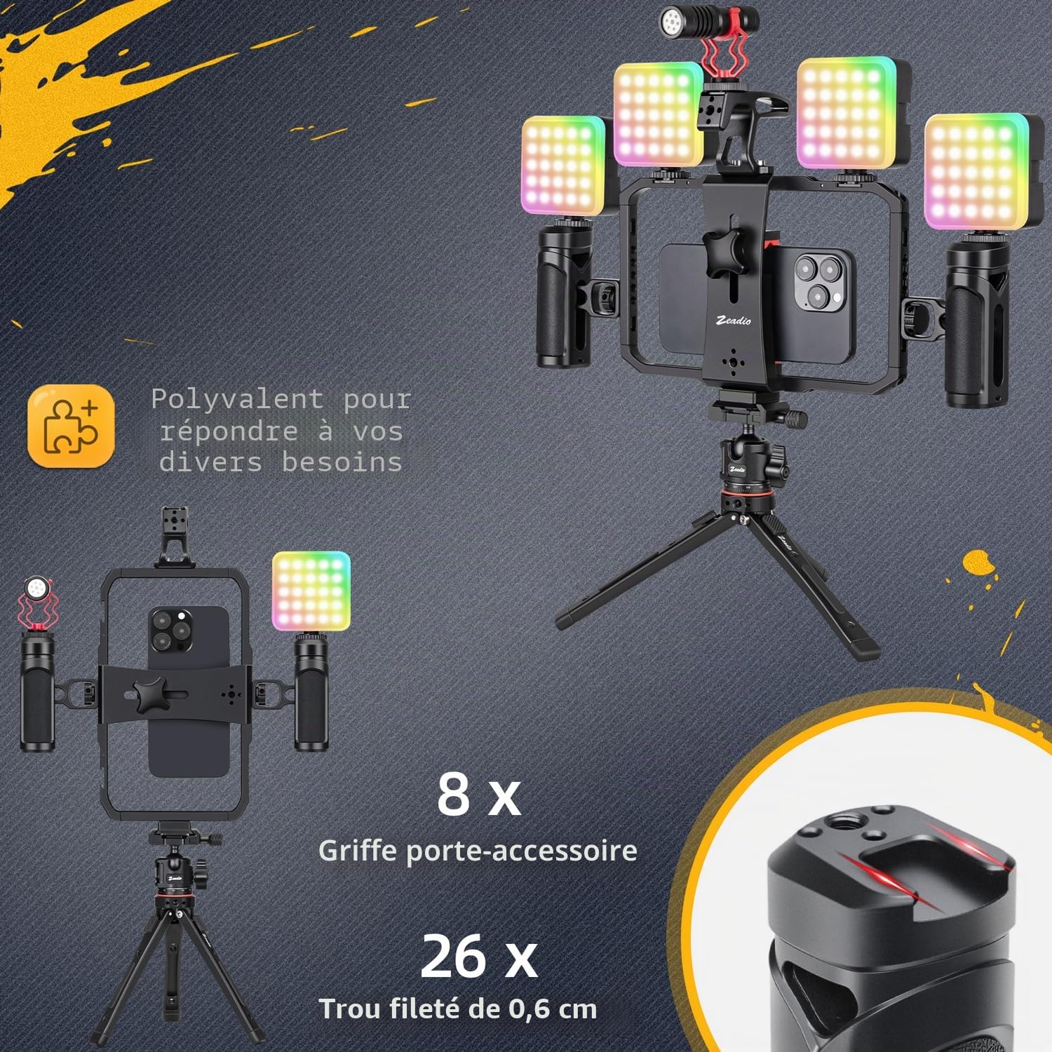 Zeaido Kit Vlogging Vidéo Tout-en-Un pour Smartphone, Cage Vidéo Polyvalente avec Éclairage RGB, Micro, Trépied à Rotule Arca et Stabilisateur – Idéal pour Youtube, TikTok et Streaming en Direct etc
