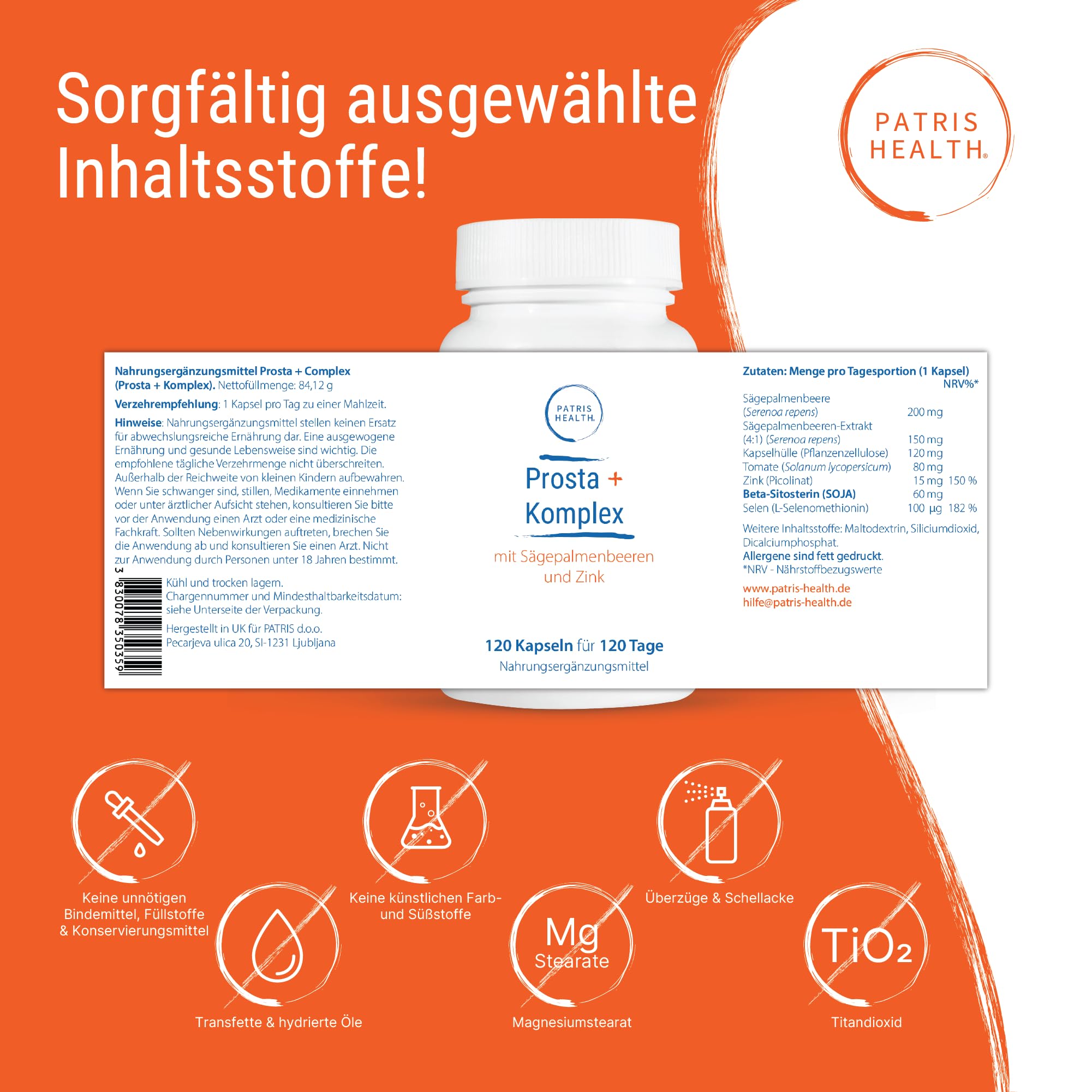 Prosta+ Komplex, 120 Kapseln, mit Sägepalmenbeeren, Tomate, Beta-Sitosterol, Selen und Zink