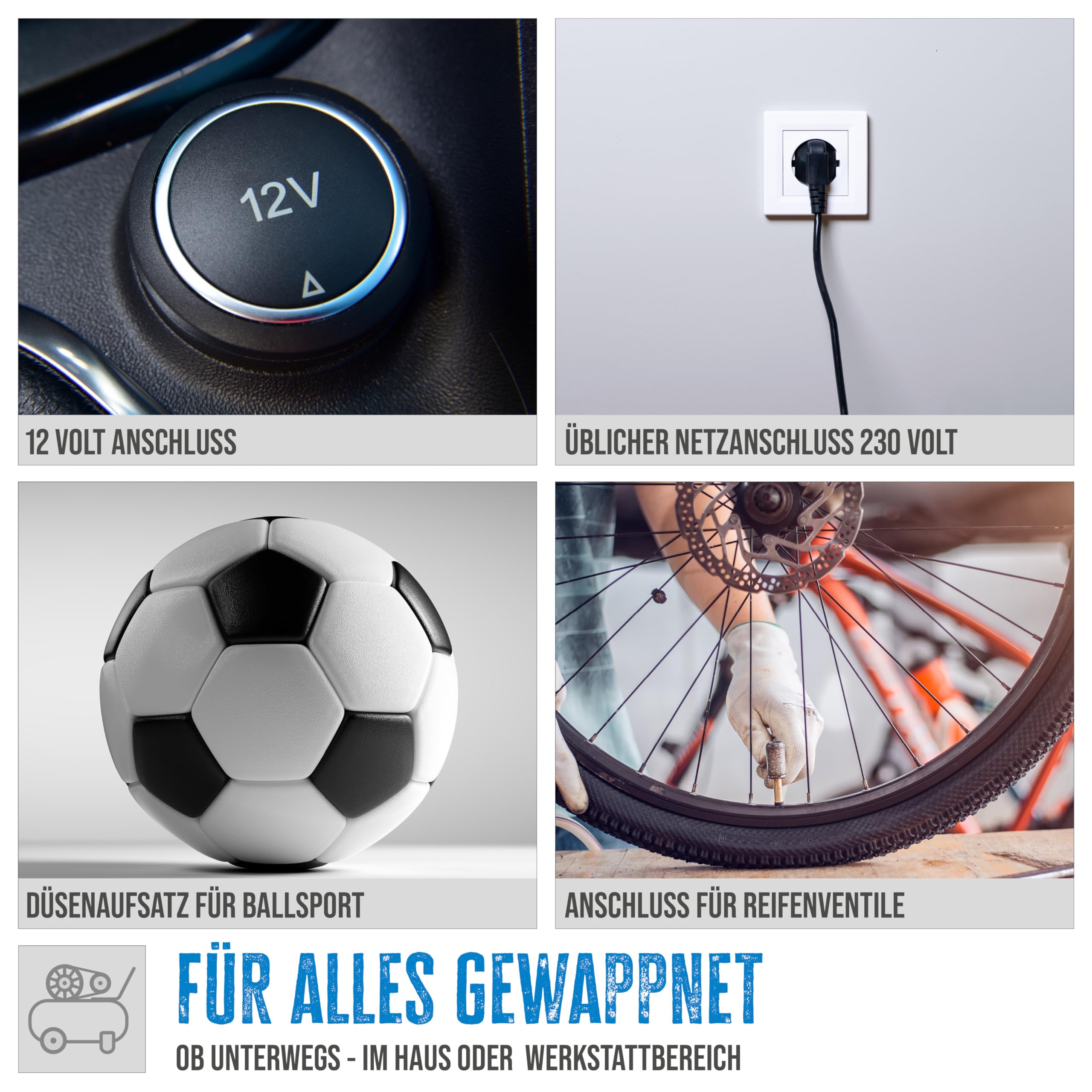 Güde Kompressor Airpower Dual Drive 12/230V/5-tlg. (150 W, max. 8 bar, 20 l/min eff. Liefermenge, öl- und wartungsfrei, 12 Volt & 230 Volt Anschluss, LCD-Display, 0,6 m Druckluftschlauch & Zubehör)