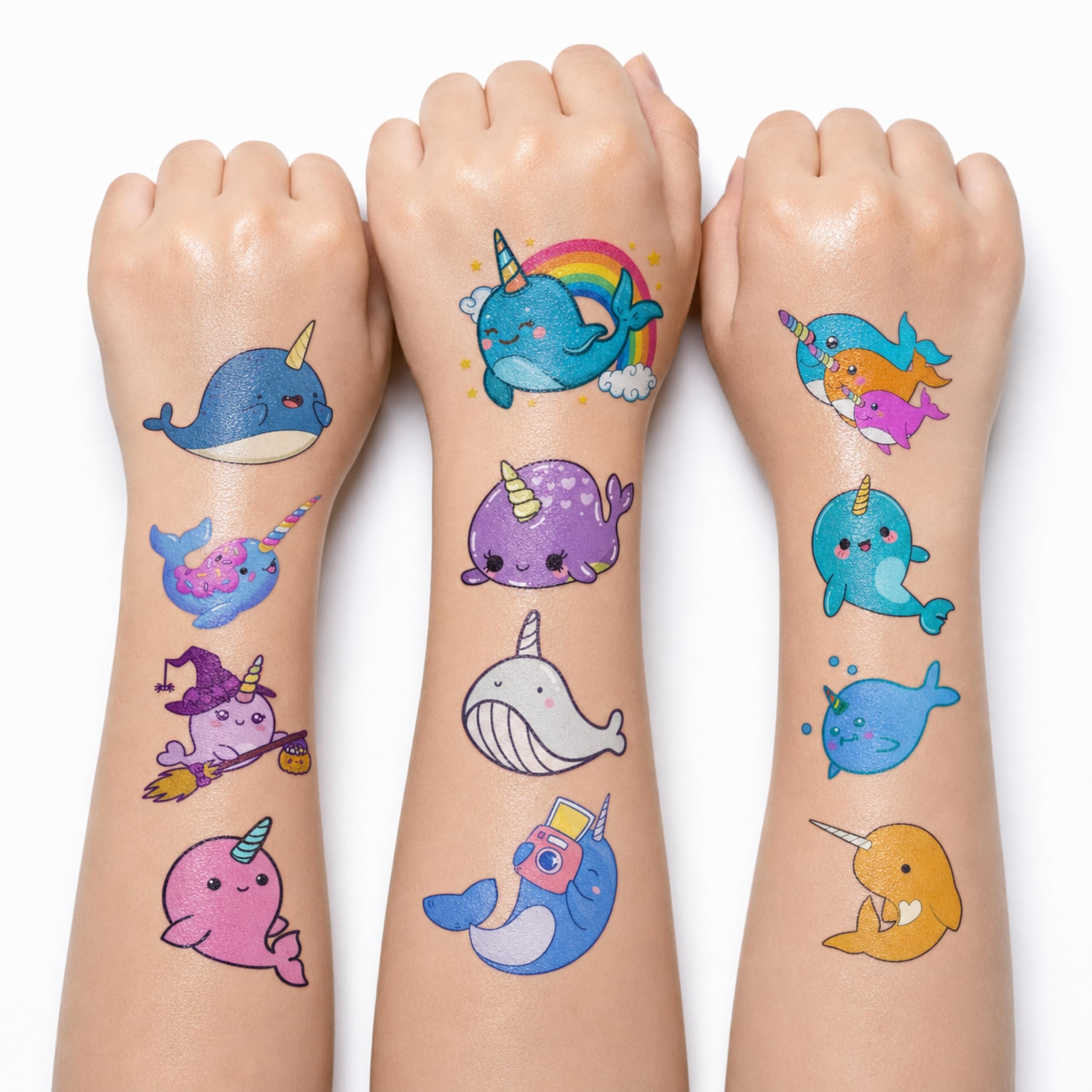 96PCS Narwhal Pre-Cut Temporary Tattoos - Whale Themed Birthday Party
