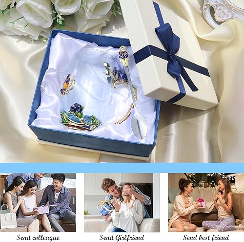 Vista 11 de Taza de té de flores, taza de café de cristal transparente con cuchara, caja de regalo para su madre, esposa, abuela, niñas, amigos, San Valentín