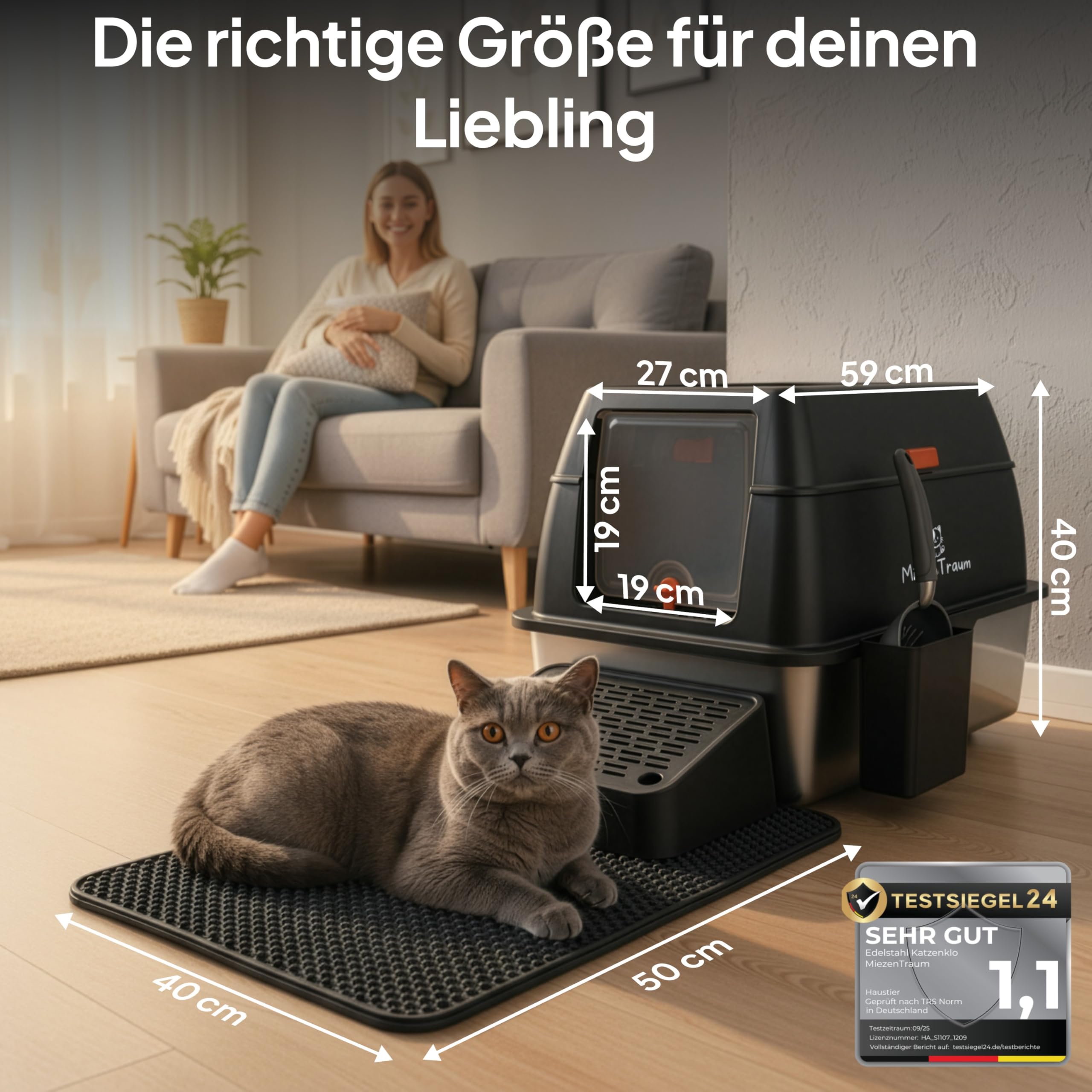 Lettiera per gatti XXL in acciaio inox, grande lettiera chiusa con coperchio, pala di alta qualità e gradino ergonomico, 3 filtri ai carboni attivi, a prova di perdite, 60 x 40 cm (nero)