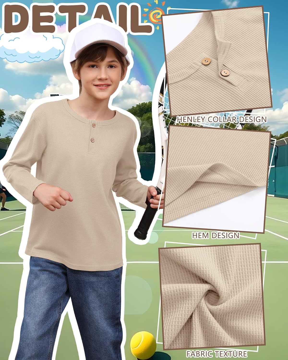 4 Pack Boy's Long Sleeve Henley Shirts, Waffle Thermal Cotton Blend Tops Fall Winter Breathable Tees 5-14 Years - Image 5
