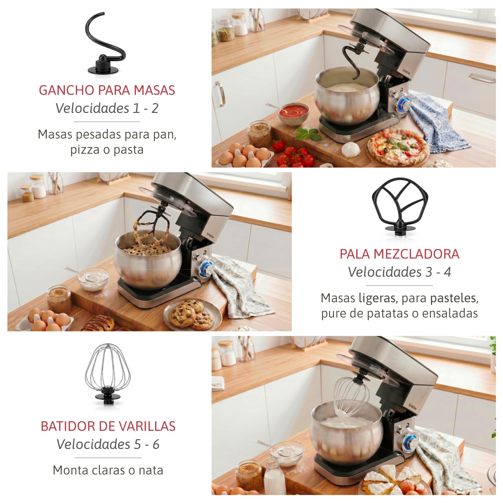 briebe Batidora Amasadora Repostería 1800W MAX, Robot Cocina Profesional, Movimiento Orbital, Varillas, Gancho Masa, Pala Mezcladora, 5 L, 6 Velocidades + Función Pulso, Inox KM1114