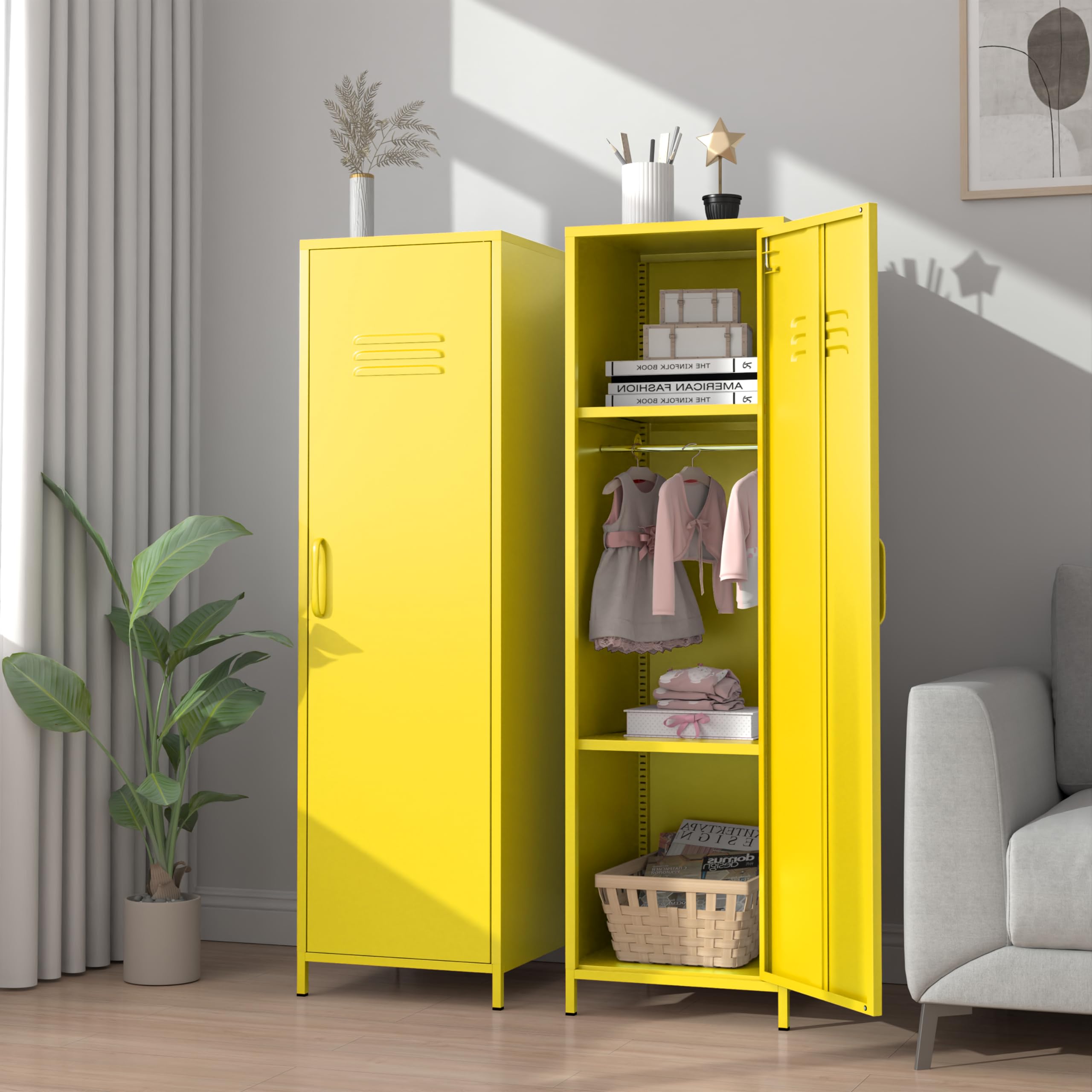 1 Door 51.3" Metal Locker Storage Cabinet Steel Kids Wardrobe Changing Room Locker Cabinet Box with 2 Adjustable Shelves Steel Locker File Cabinet Organizer for School Gym Home Office