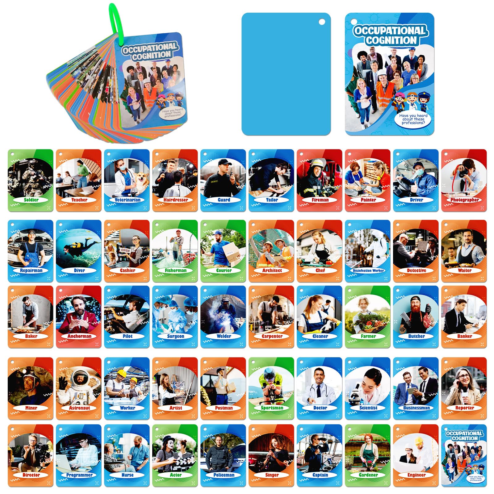 50PCS Occupations Cognitive Flash Cards for Kids,Cognitive Pictures Flashcards for Career, Portable Waterproof Professions Flash Card for Children,