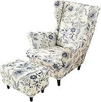 Vista 26 de HAOYONG Juego de Fundas Elásticas para Silla con Alas y Otomana, 2 Piezas de Funda para Silla Wingback y 1 Pieza de Funda Rectangular para Taburete