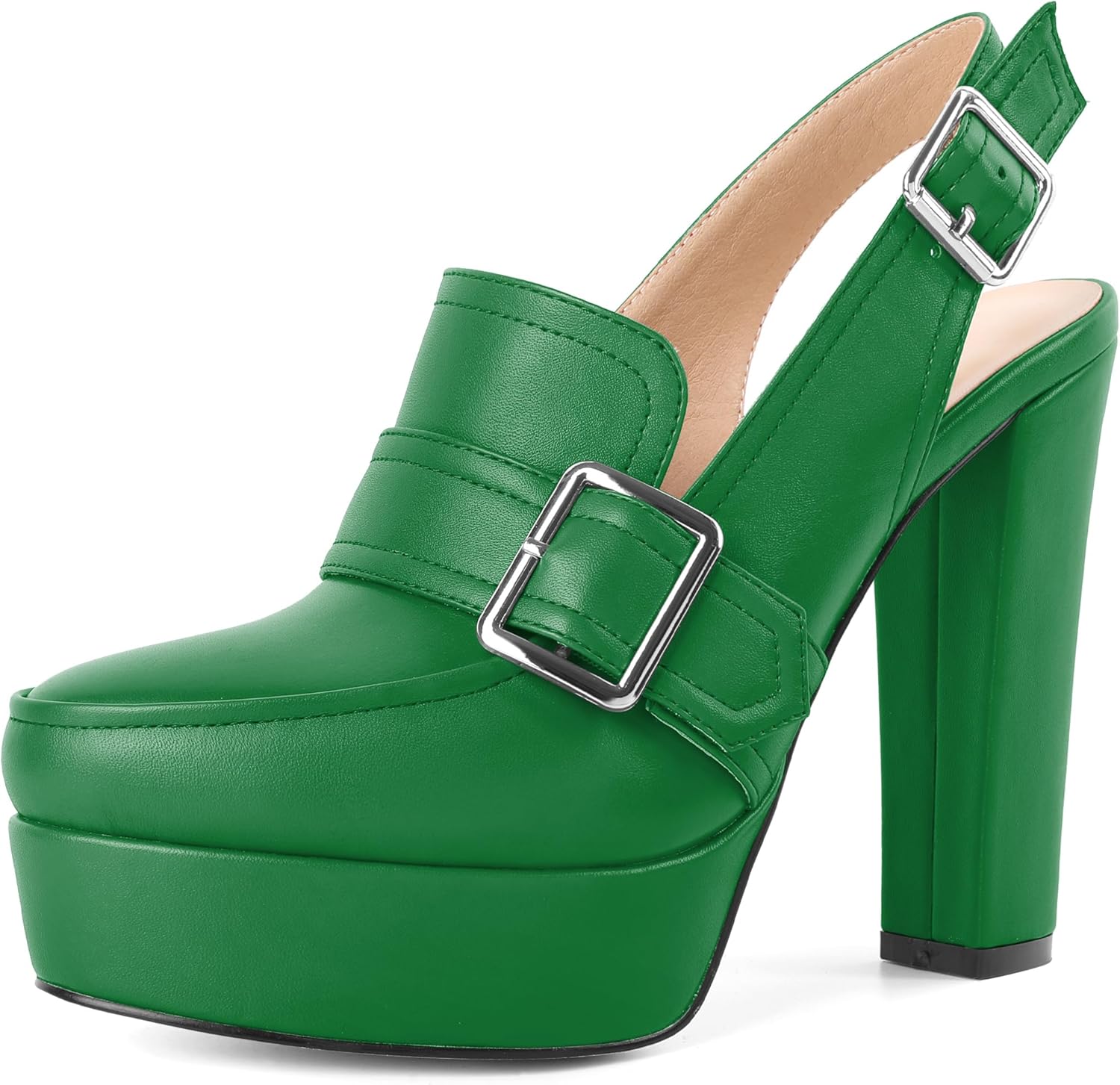 Women's High Heel Loafers Platform Pumps Round Toe Heels Chunky Heel Pumps Stylish Comfortable 4.8 Inch Slingback Heels