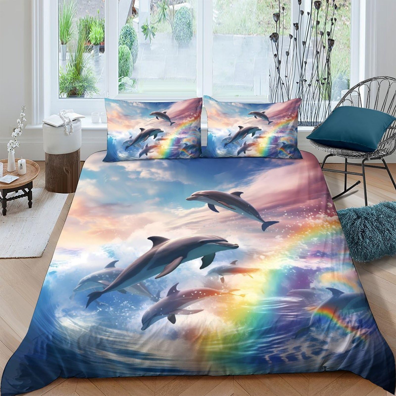 Ctjqhvkz Style-2 3D Printed Dolphin Rainbow Fitted Sheet Microfiber Soft Bedroom Decor Mattress Cover Adult Teen Bed Protection Single（135X200cm）