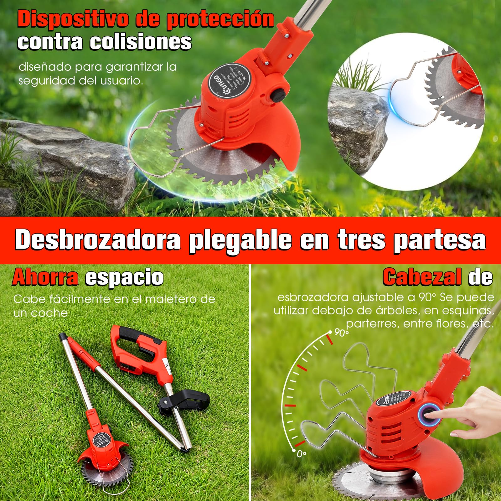 OUTIGO Desbrozadora a batería, desbrozadora eléctrica a batería, Equipada con 2 baterías y 4 Cuchillas, cortacésped Plegable de 800 W, Adecuado para Cortar el césped de Jardines y arbustos