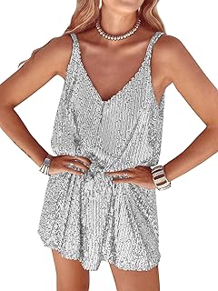 Women Sequin Sexy V Neck Shift Dress Sparkly Glitter Sleeveless Short Flowy Loose Party Night Out Club Dress - Buy now