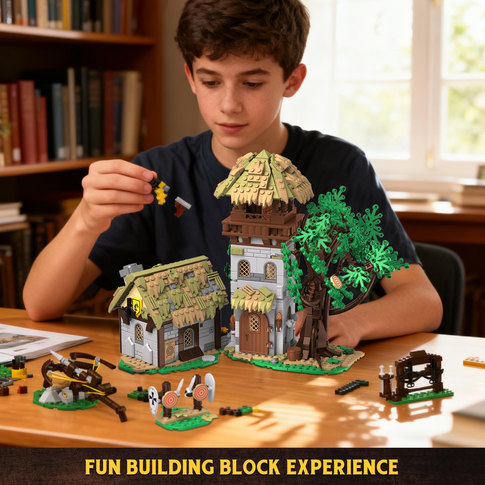 Campo de entrenamiento medieval, modelo de casa medieval, campo de tiro con arco, bloques de construcción para jóvenes y adultos (1109 unidades)