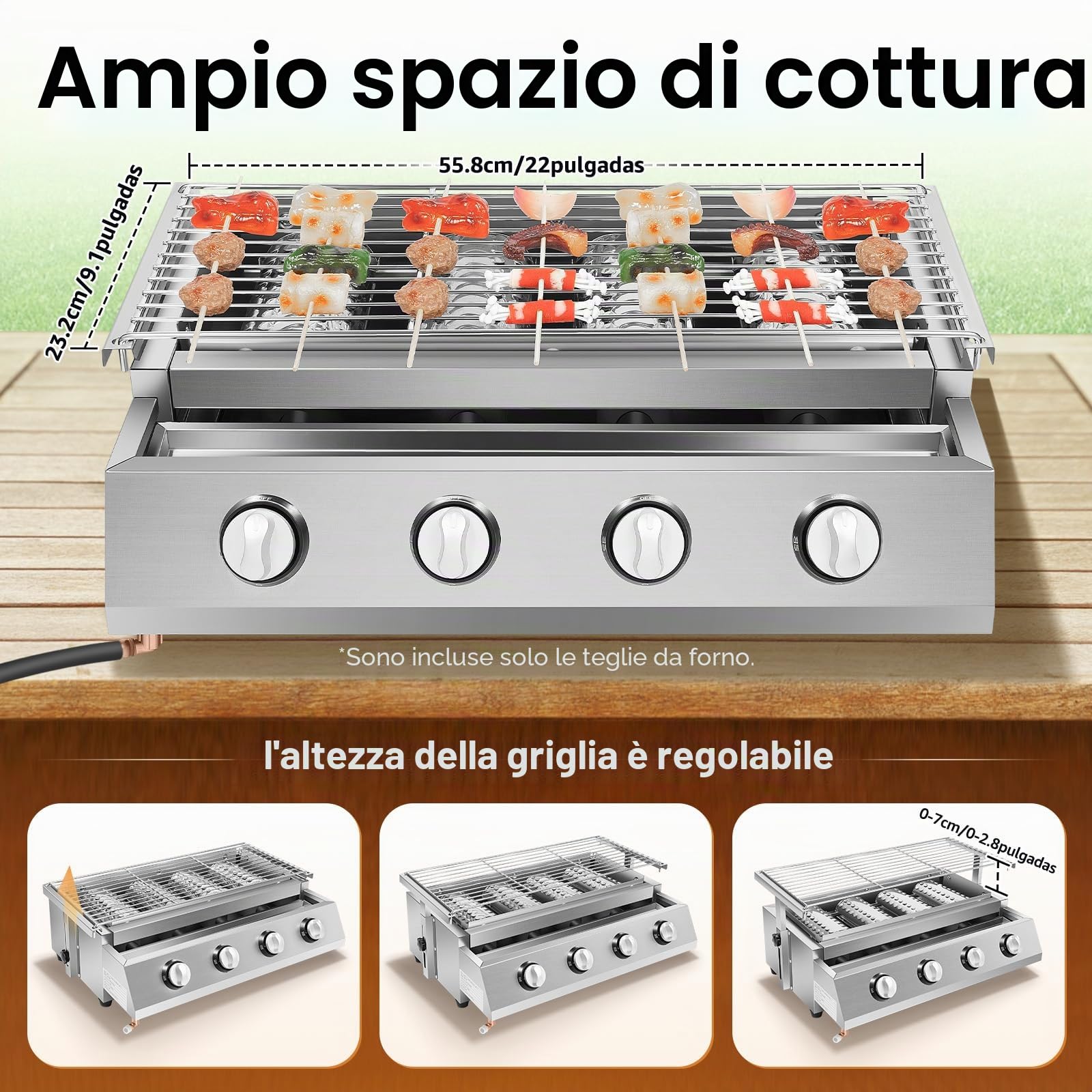 Griglia a gas a 4 fiamme, portatile, in acciaio inox, da tavolo, a gas, con 4 piastre in acciaio, colore argento, regolabile in altezza, per campeggio, riunioni