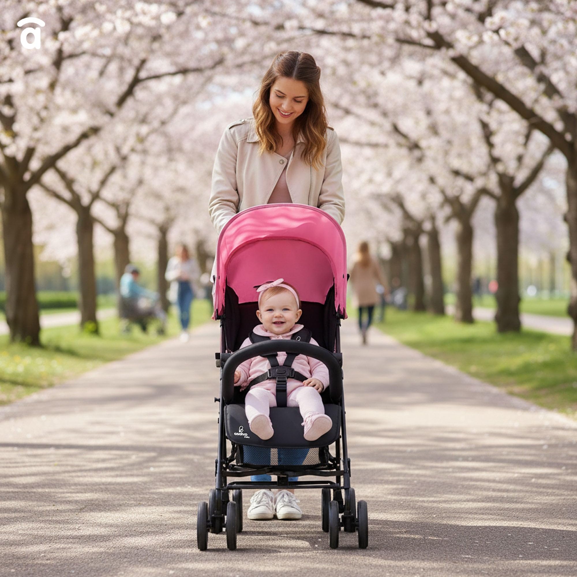 Asalvo TROTTER PLUS Silla de Paseo, Carrito bebé, Carro para bebés, Reclinable, Confortable, Ultraligera, Capota con Ventana y Freno Trasero, Manejable, Plegado compacto, Carga Máxima 25 kg, Rosa