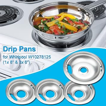 Drip Pan Electric Stove Burner Covers for Whirlpool W10278125 W10196405 W10196406, 4 Pack (3) 6 & (1) 8