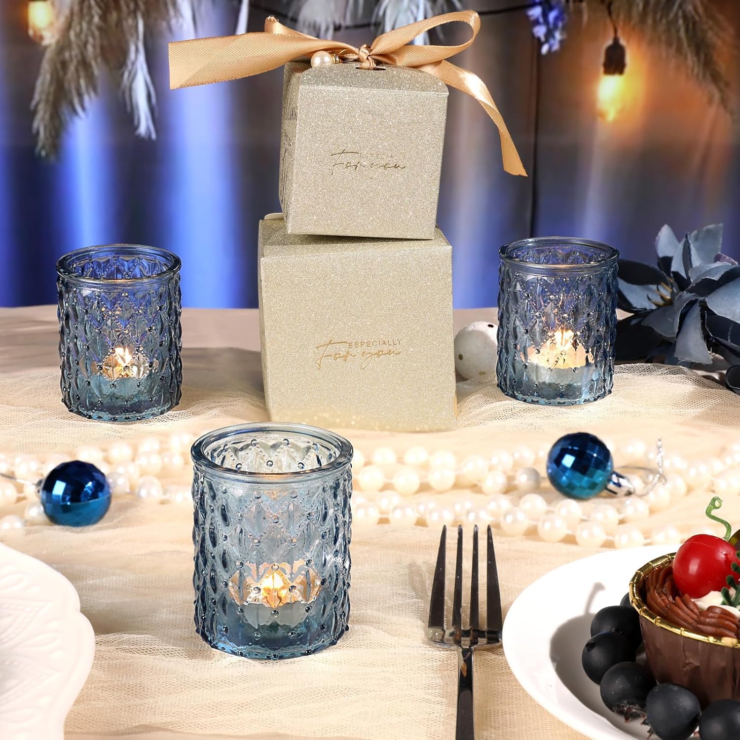 Lot de 12 bougeoirs votifs en verre bleu pour décoration de salon, mariage, cadeaux pour femme
