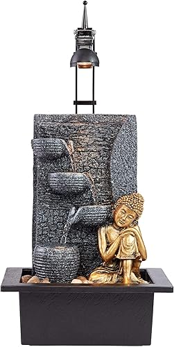 Miniatura 5 de Kneeling Gold Buddha de 17 pulgadas de alto, pequeña fuente de mesa de piedra sintética para interiores y exteriores, fuente de mesa de piedra