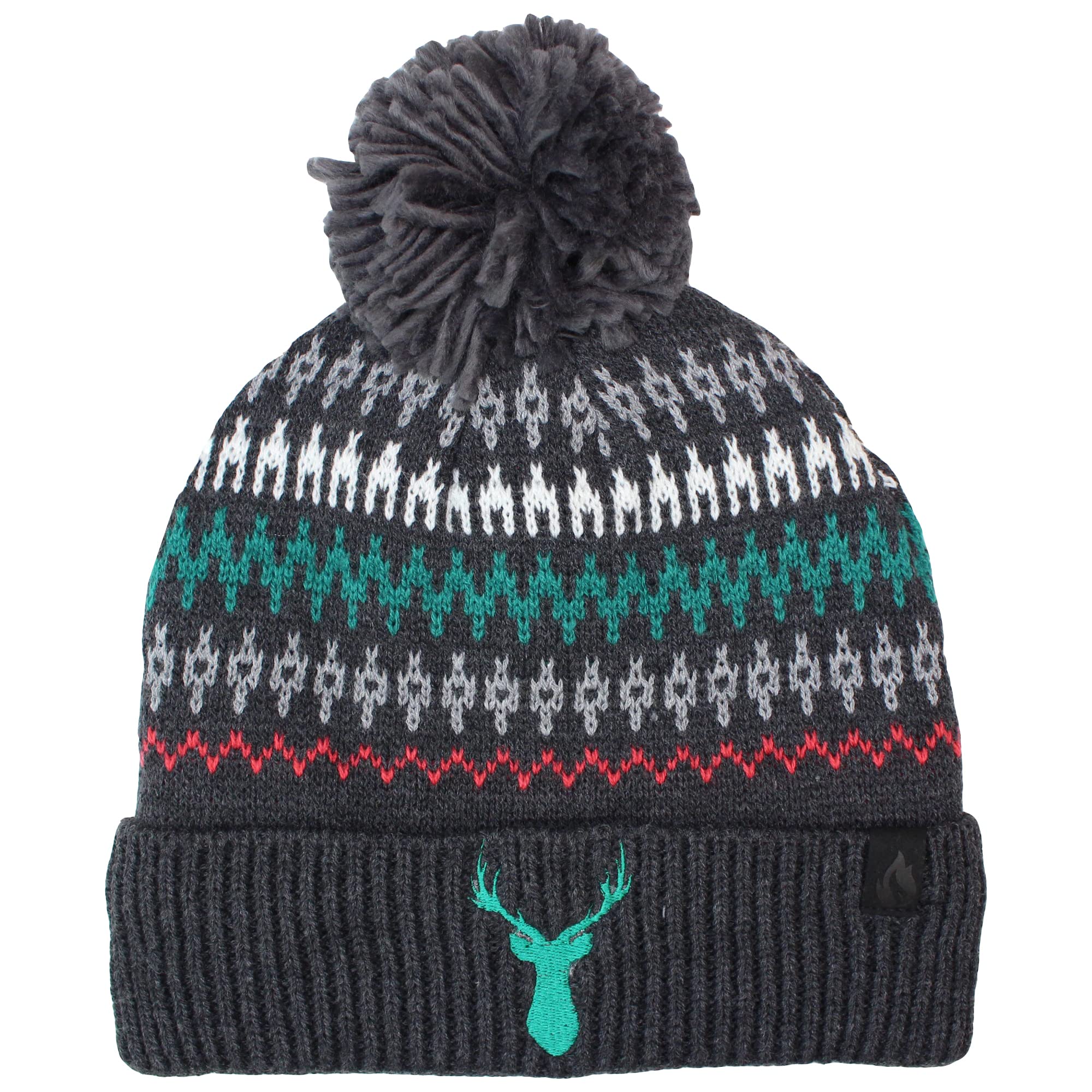 Teddyt's Men's Grey Stag Embroidered Thermal Bobble And Teal Bobble Hat