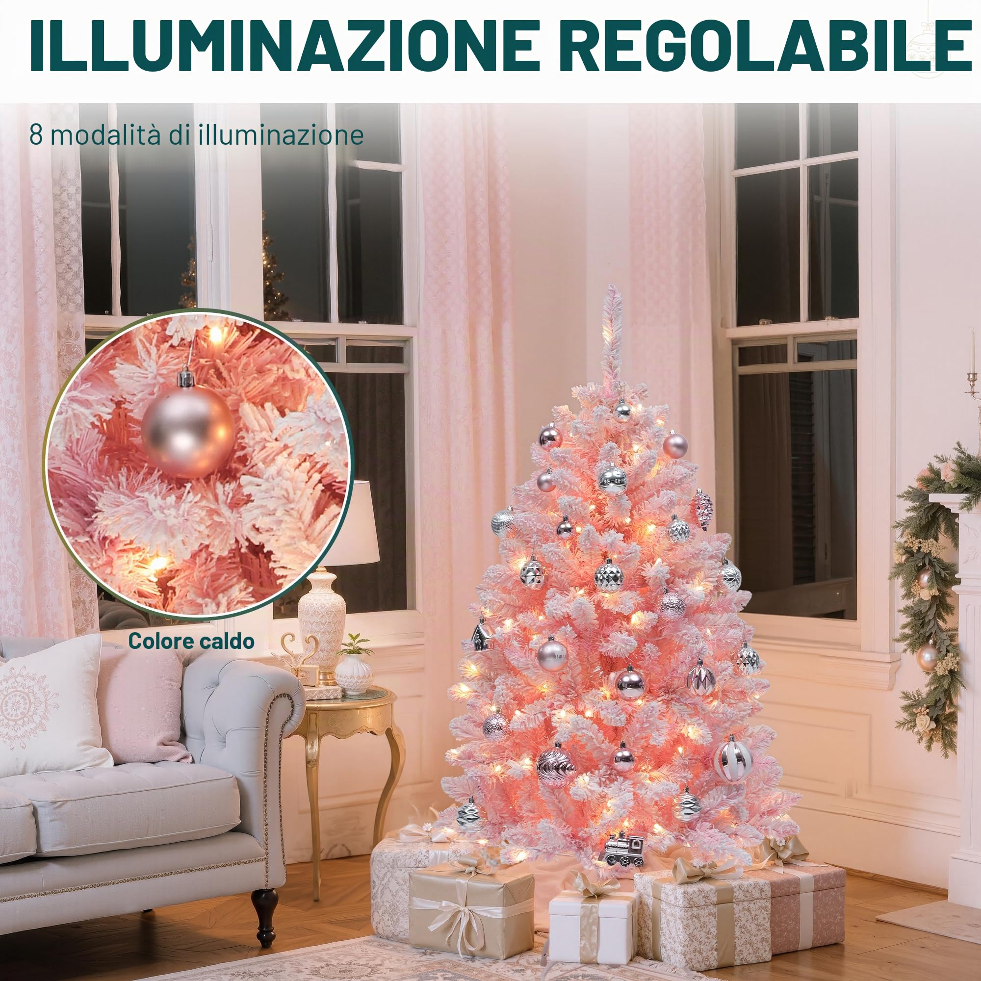 YITAHOME - Albero di Natale artificiale illuminato, ricoperto di neve rosa, albero di Natale in PVC con 400 punte imbiancate e 200 luci bianche calde per la decorazione della casa, 140 cm