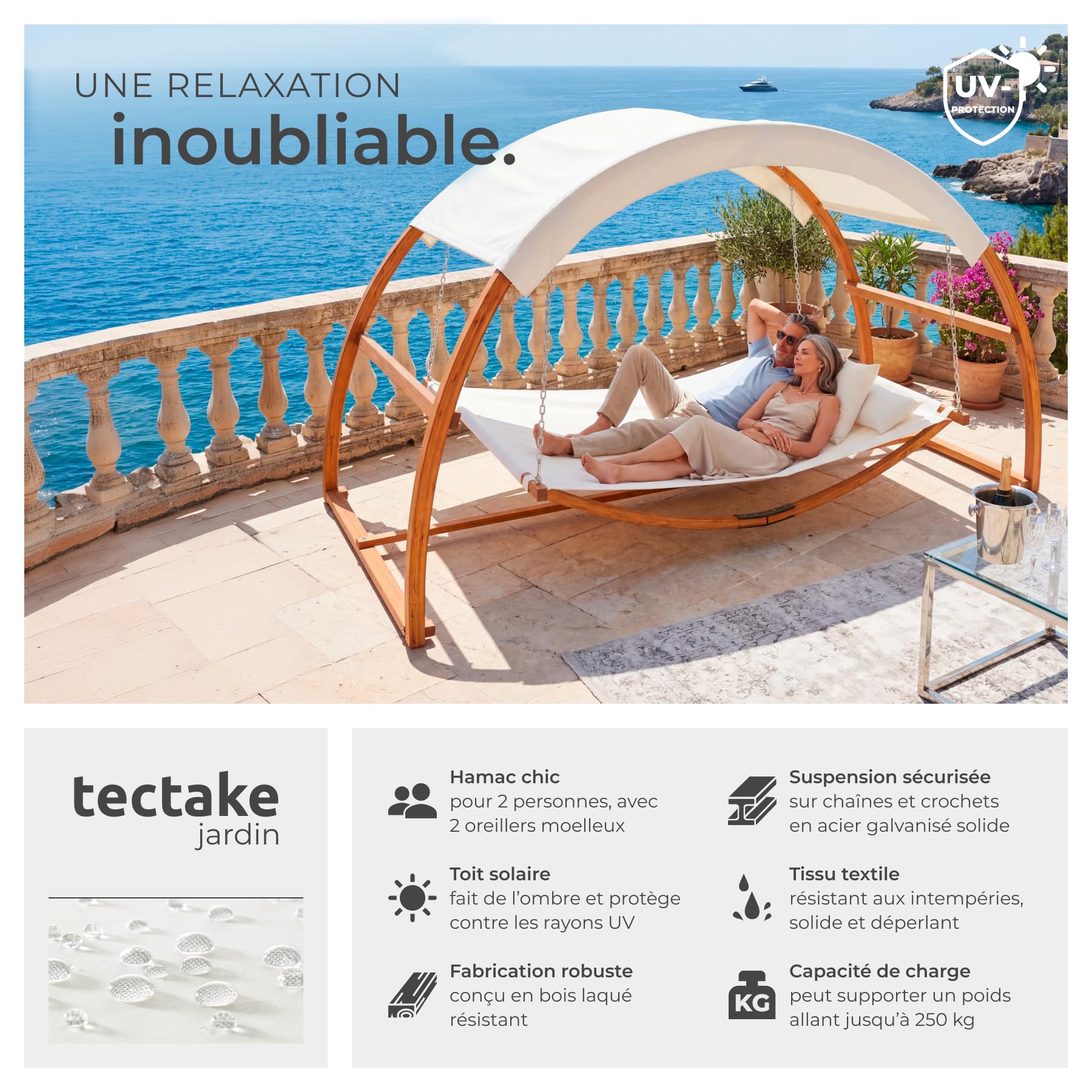 tectake® Hamac sur Pied XXL Hamac 2 Places Coton avec Toit & Support en Bois 328 x 160 x 172 cm, Supporte jusqu'à 250 kg, Couchage 202 x 138 cm, 2 Coussins Inclus pour Terrasse Exterieur Piscine