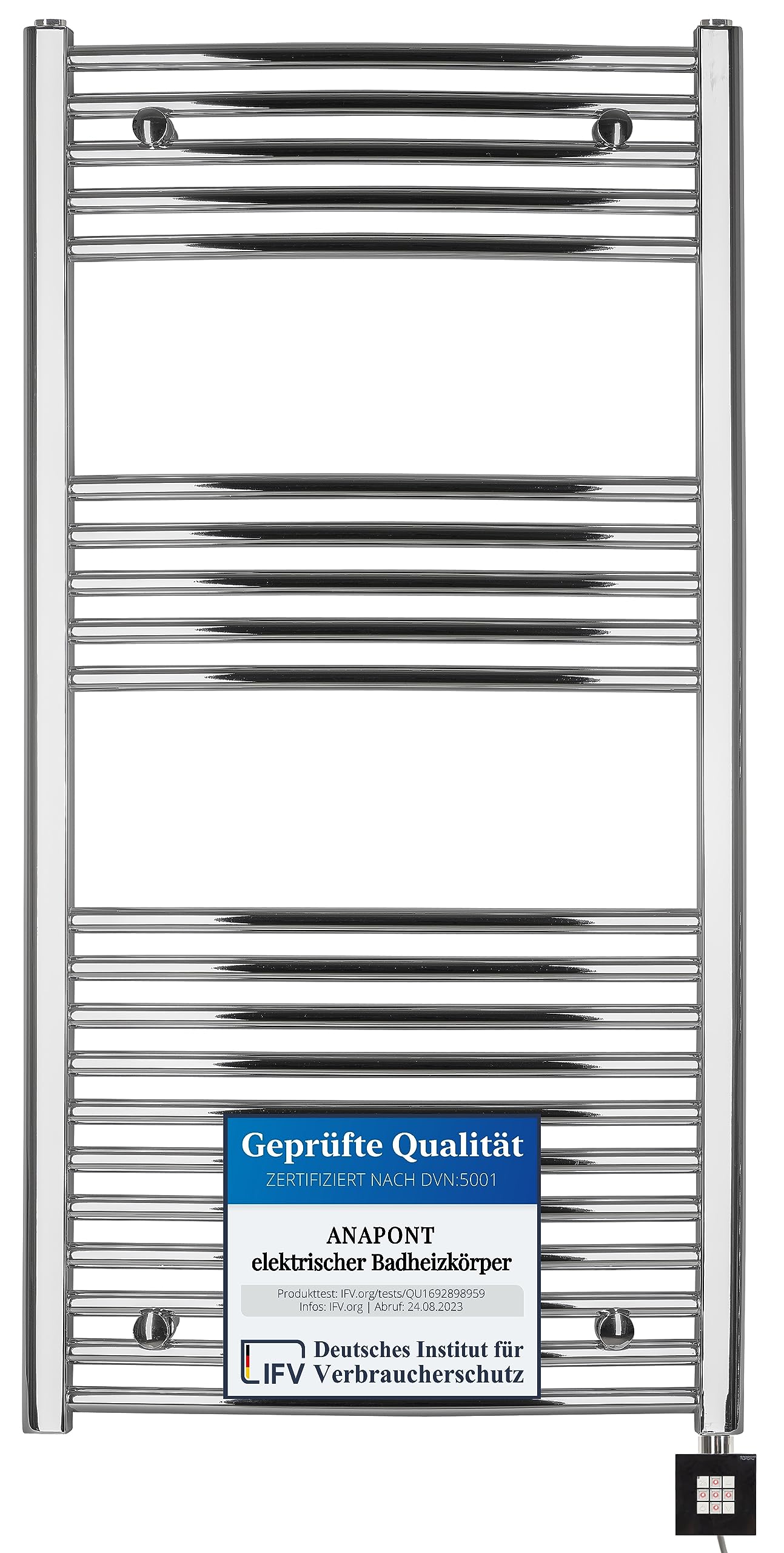 anapont elektrischer Badheizkörper - chrom gebogen - Timer-Funktion - Handtuchheizkörper - Badheizung elektrisch - Handtuchheizung - Made in Germany (KTX-2, 1175h x 600b)