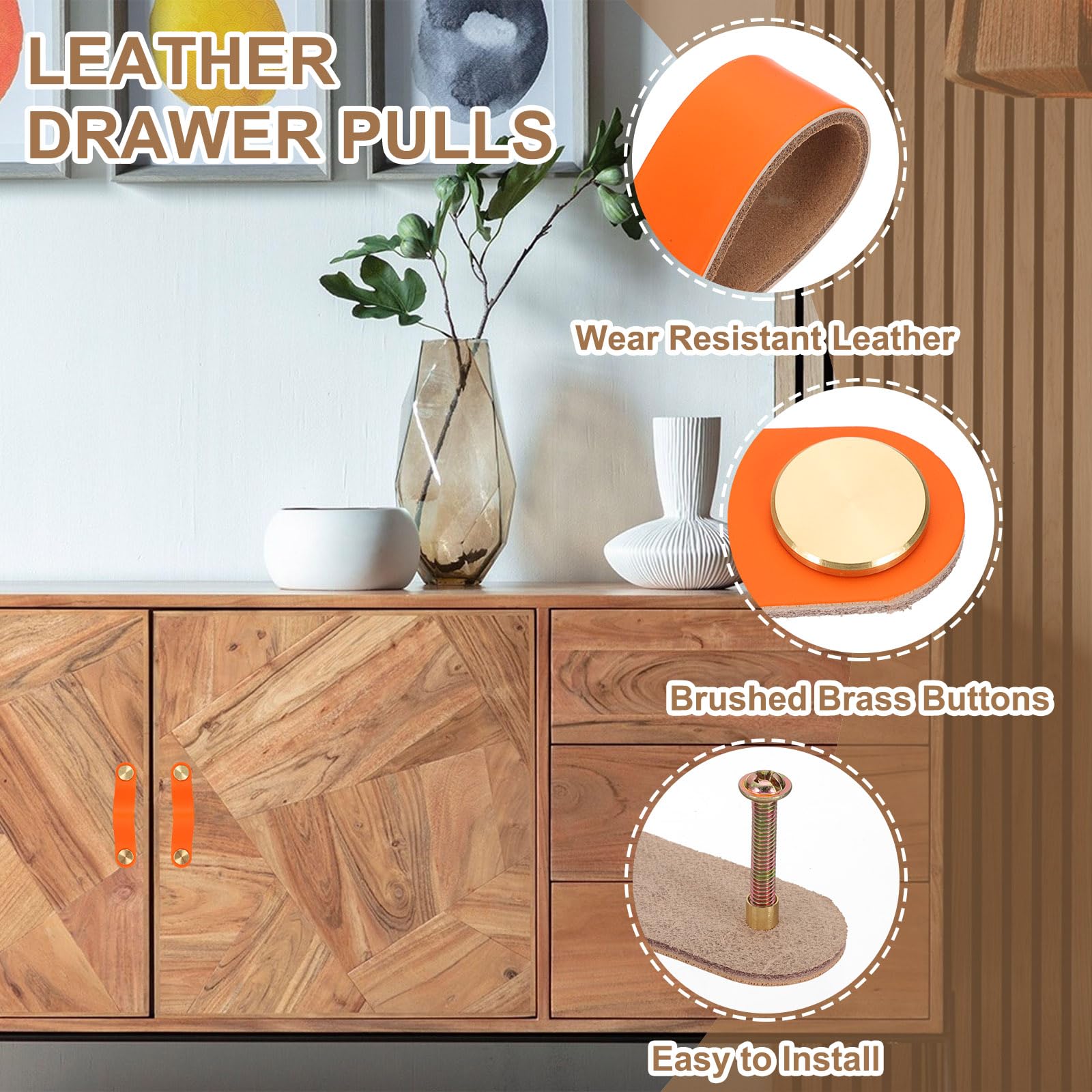 PATIKIL Leather Drawer Pulls, 4 Pack Leather Handle Center Cabinet Dresser Knobs with Screws for Dresser Cupboard Closet Doors Orange - Image 3