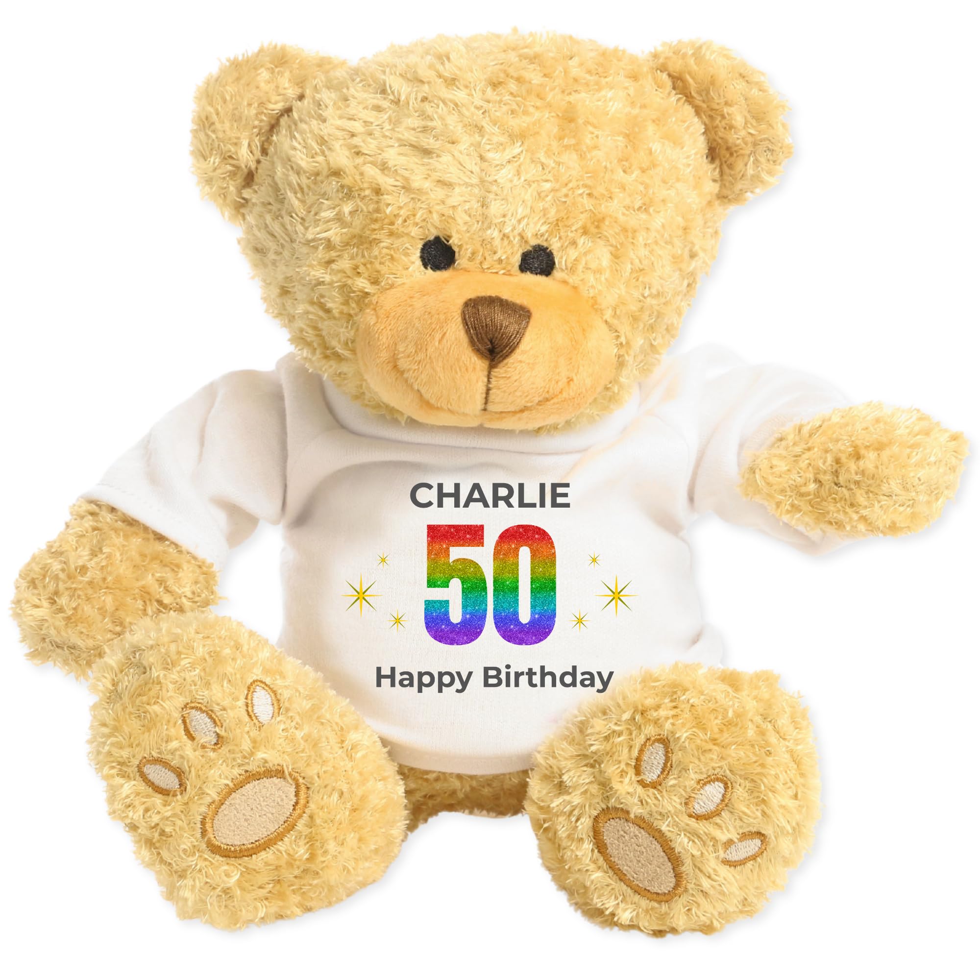 Dotty Moo Personalised 50th Birthday Classic Teddy Bear Gift for Her Him | Custom Name Keepsake Plush Bear | 50th Birthday Present (Rainbow)