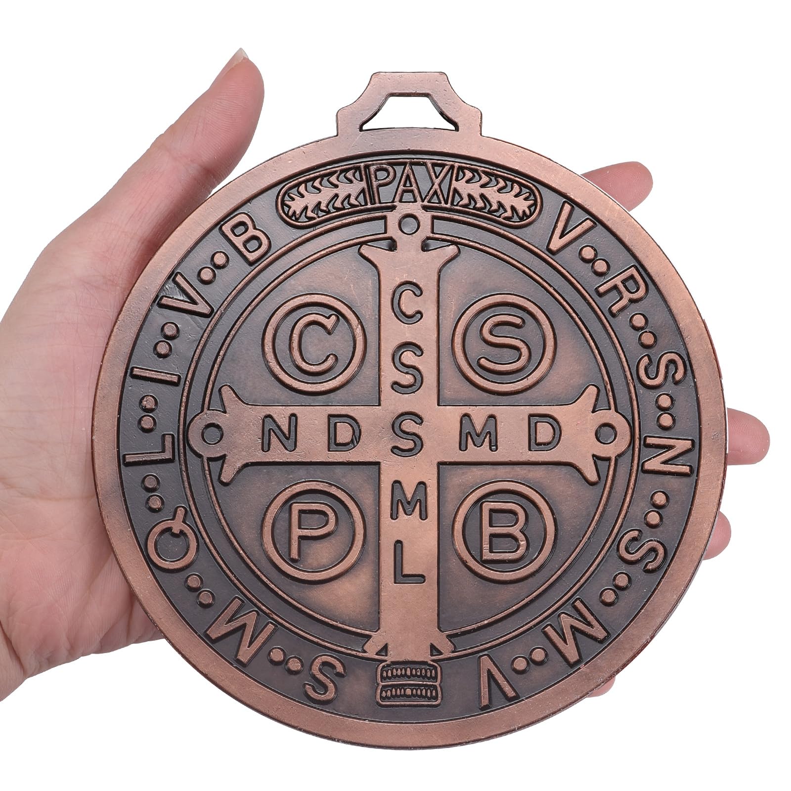 YionZian 5 Inch Extra Large Metal Saint Benedict Medal Catholic Medalla De San Benito For Car Protection and Home Blessing Art Wall or Desk Display (Brass Color)