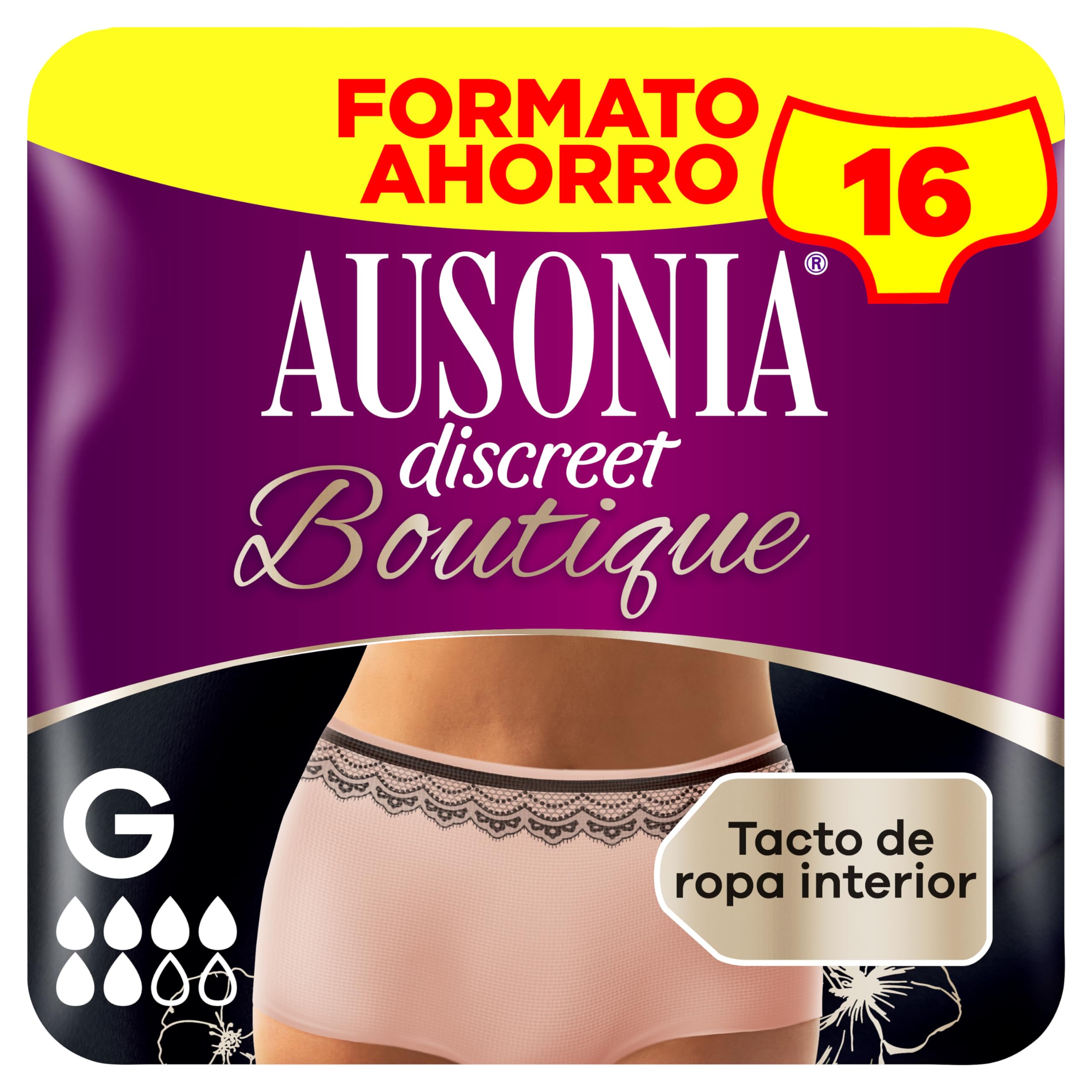 Ausonia Discreet Braguitas Boutique Beige Plus, Talla G, Pack de 16, Tacto Similar A La Ropa Interior, Superabsorbente, Diseño Curvo Para Un Ajuste Ceñido